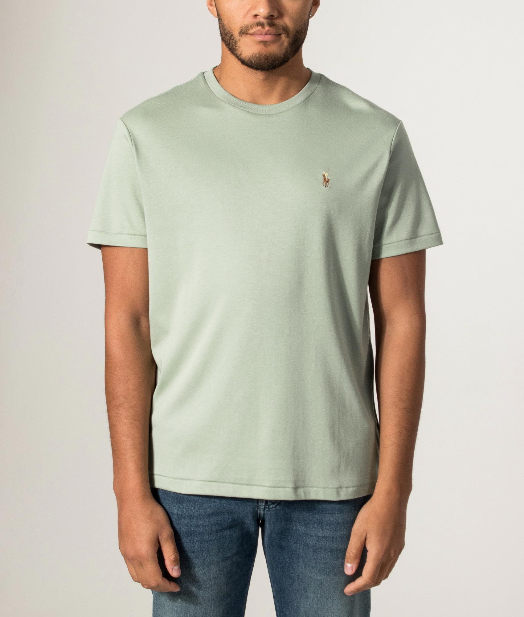 Polo Ralph Lauren Custom Slim Fit Pima T-Shirt in Light Green at EQVVS Menswear. Model front shot.