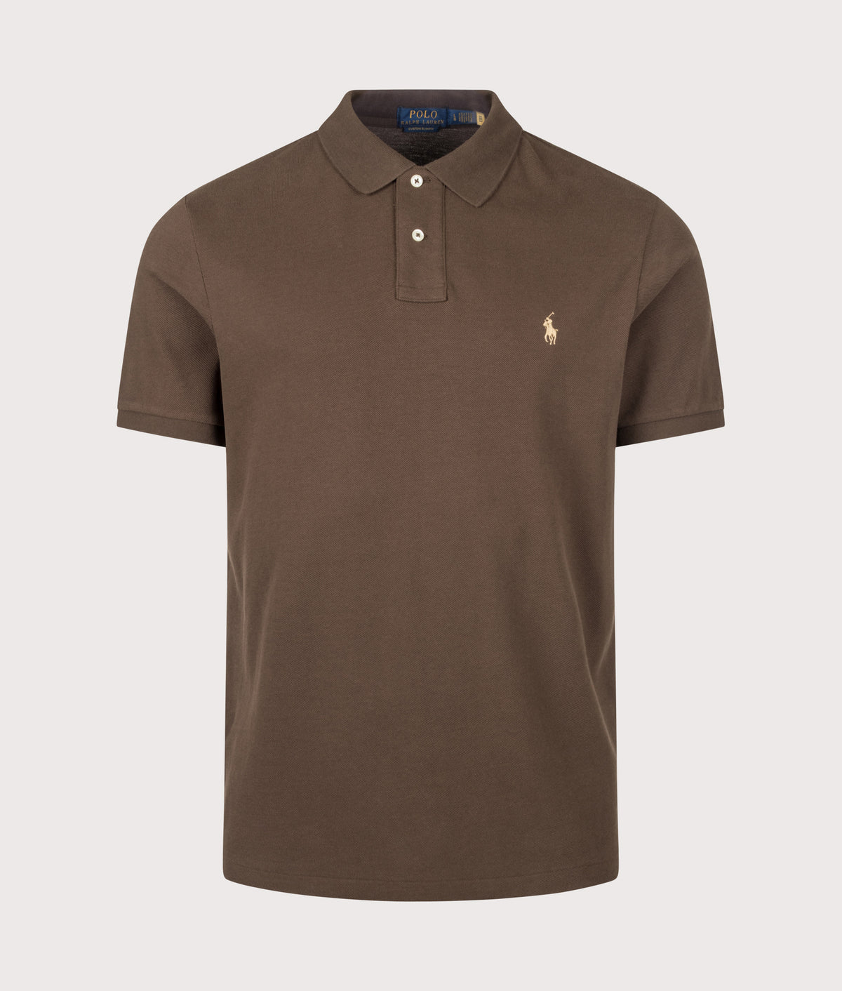 Polo Ralph Lauren Custom Slim Fit Mesh Polo Shirt in Nutmeg Brown at EQVVS Menswear. Front shot.