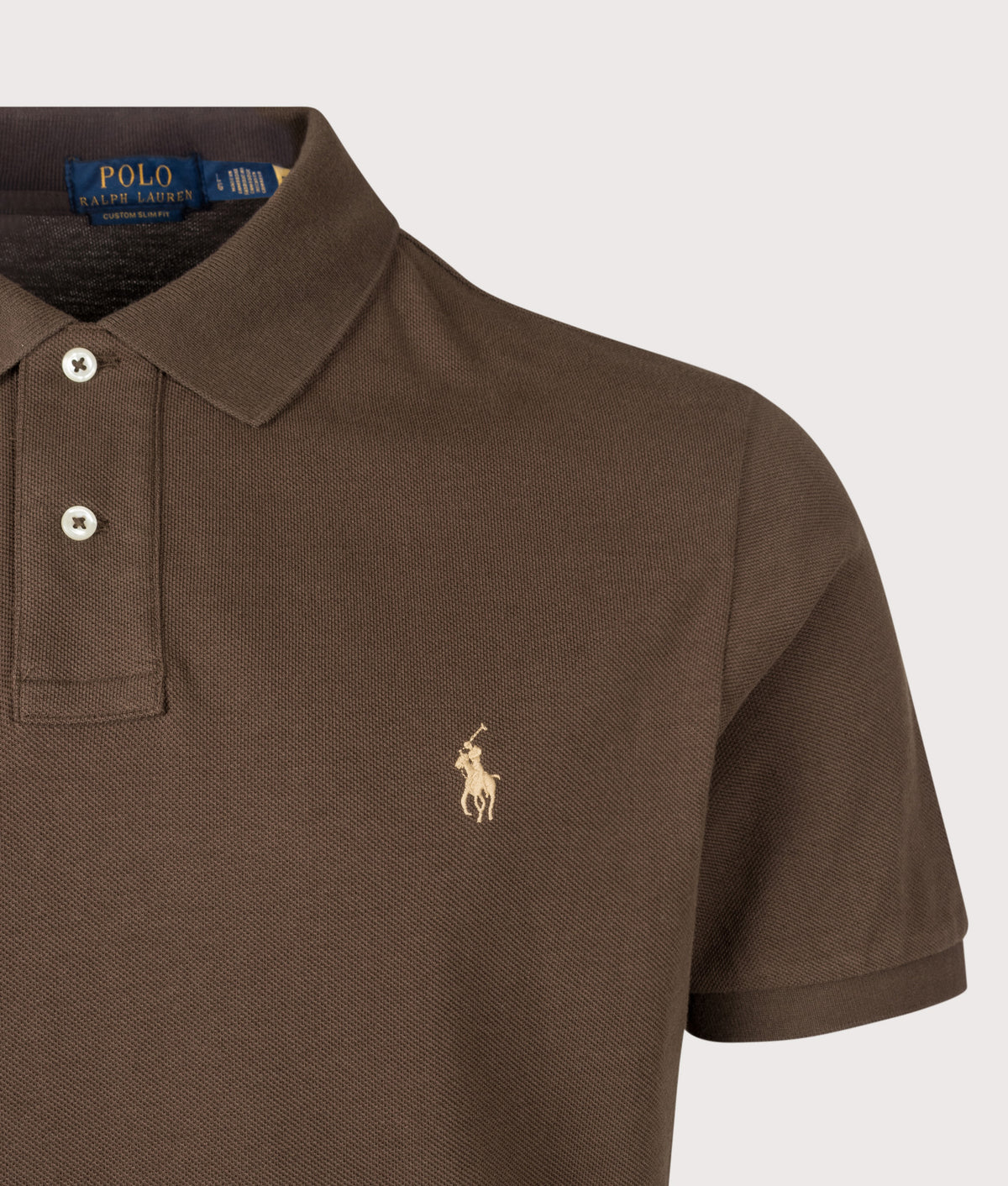 Polo Ralph Lauren Custom Slim Fit Mesh Polo Shirt in Nutmeg Brown at EQVVS Menswear. Detail shot.