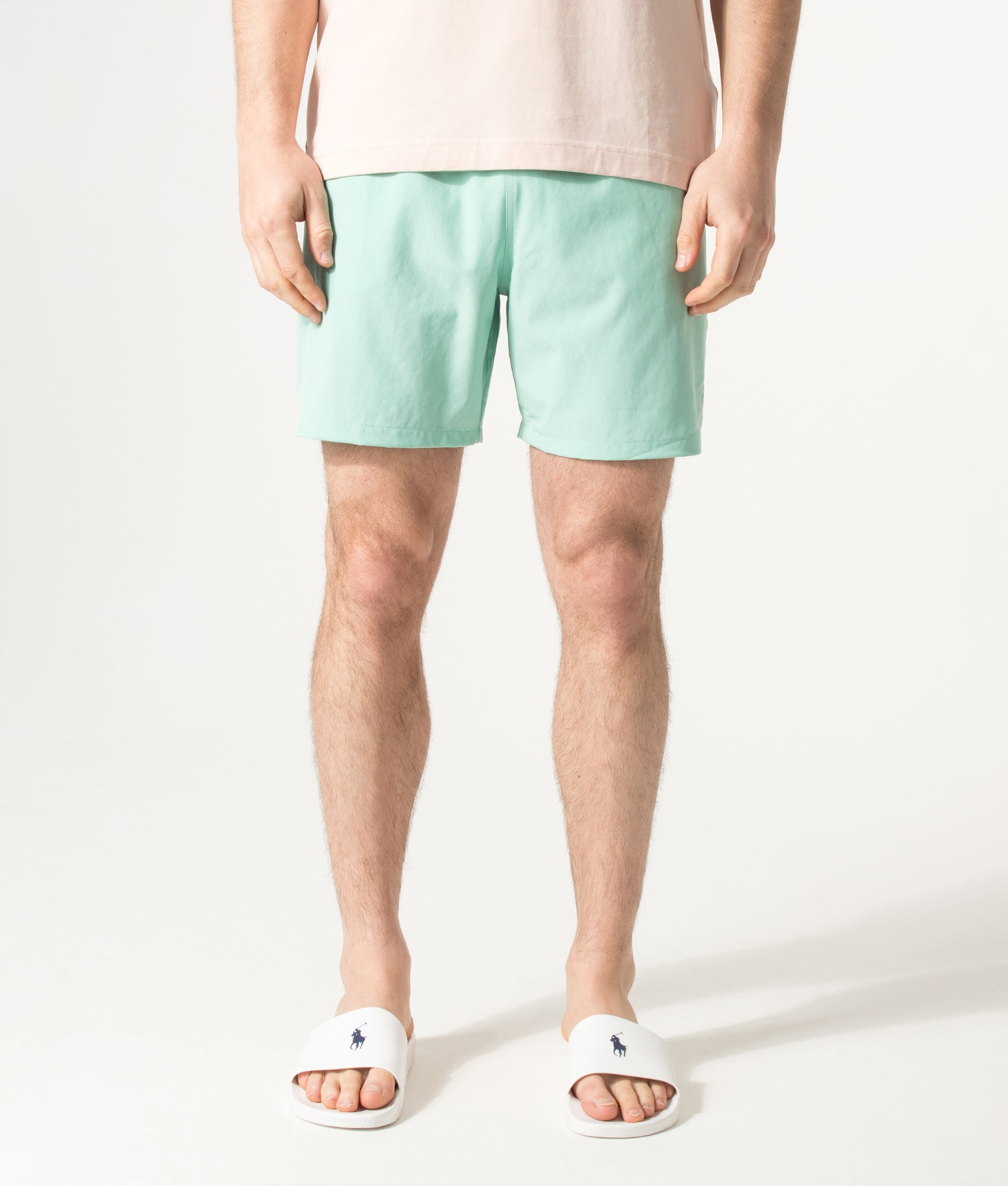 Polo Ralph Lauren Regular Fit Classic Swim Trunks in Celadon at EQVVS Menswear. Model front shot.