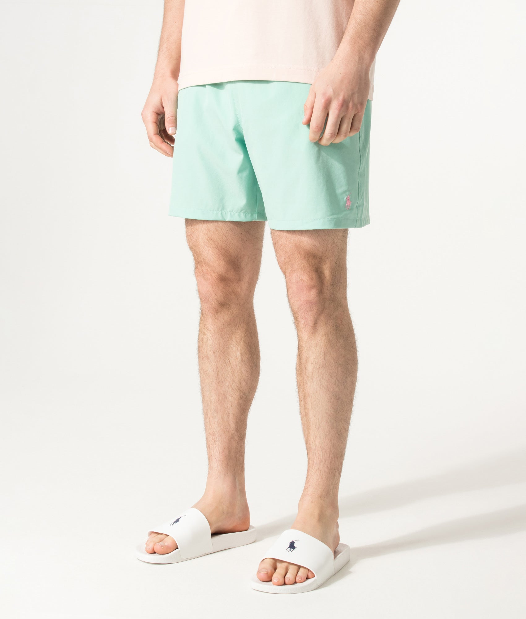 Polo Ralph Lauren Regular Fit Classic Swim Trunks in Celadon at EQVVS Menswear. Angled model front shot.