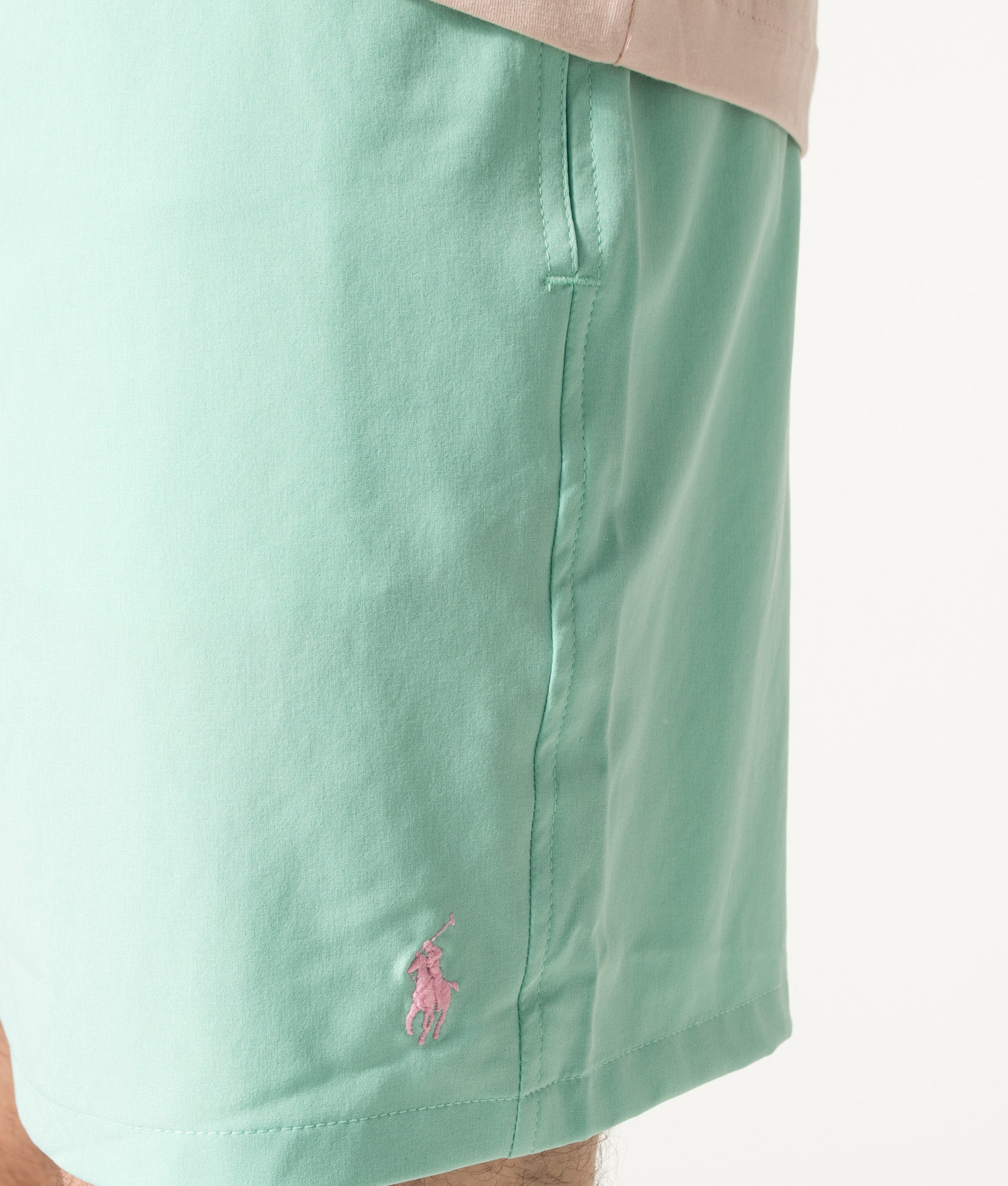 Polo Ralph Lauren Regular Fit Classic Swim Trunks in Celadon at EQVVS Menswear. Detail shot.
