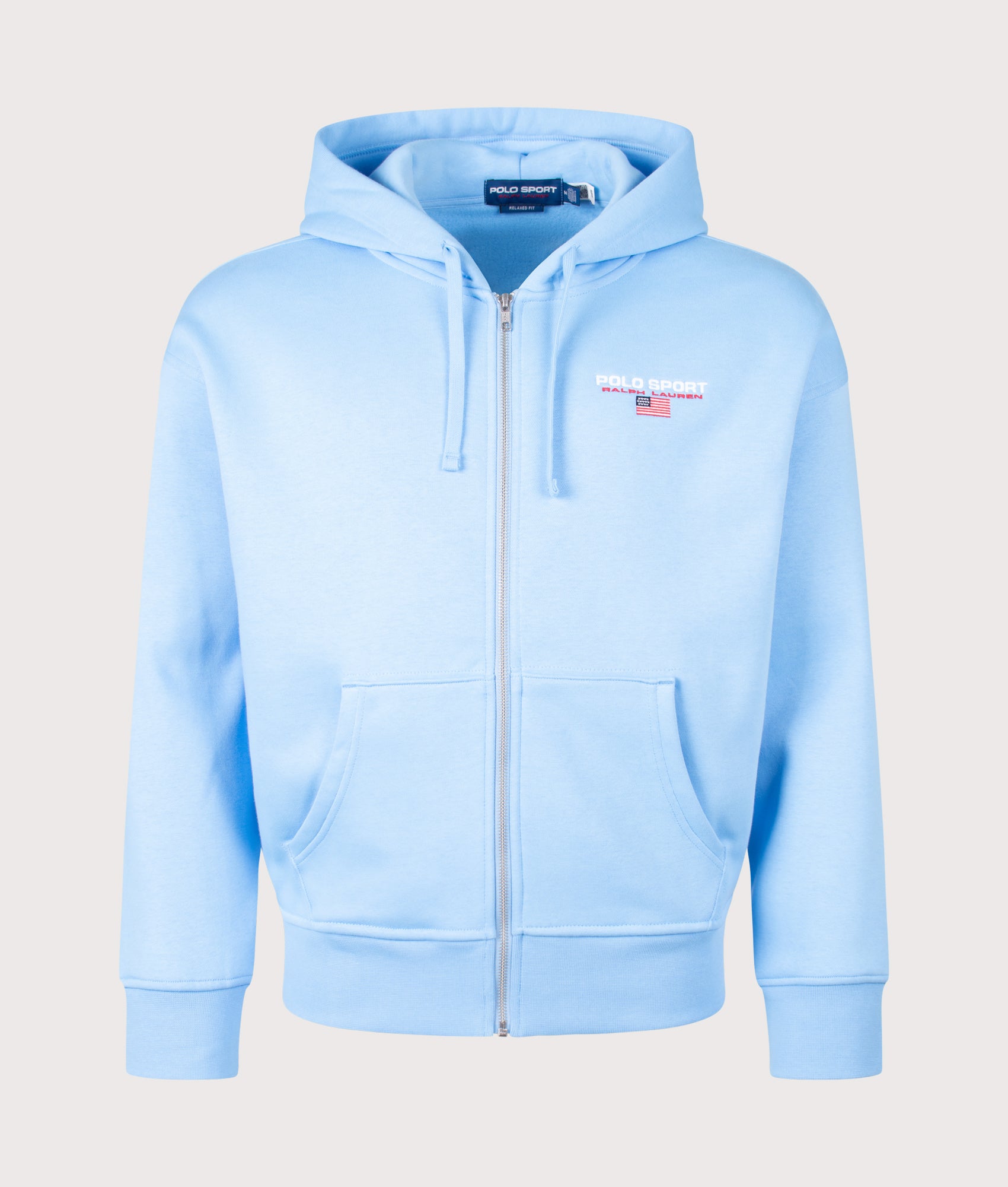 Polo Ralph Lauren Relaxed Fit Polo Sport Flag Logo Hoodie in Chatham Blue at EQVVS Menswear. Front shot.