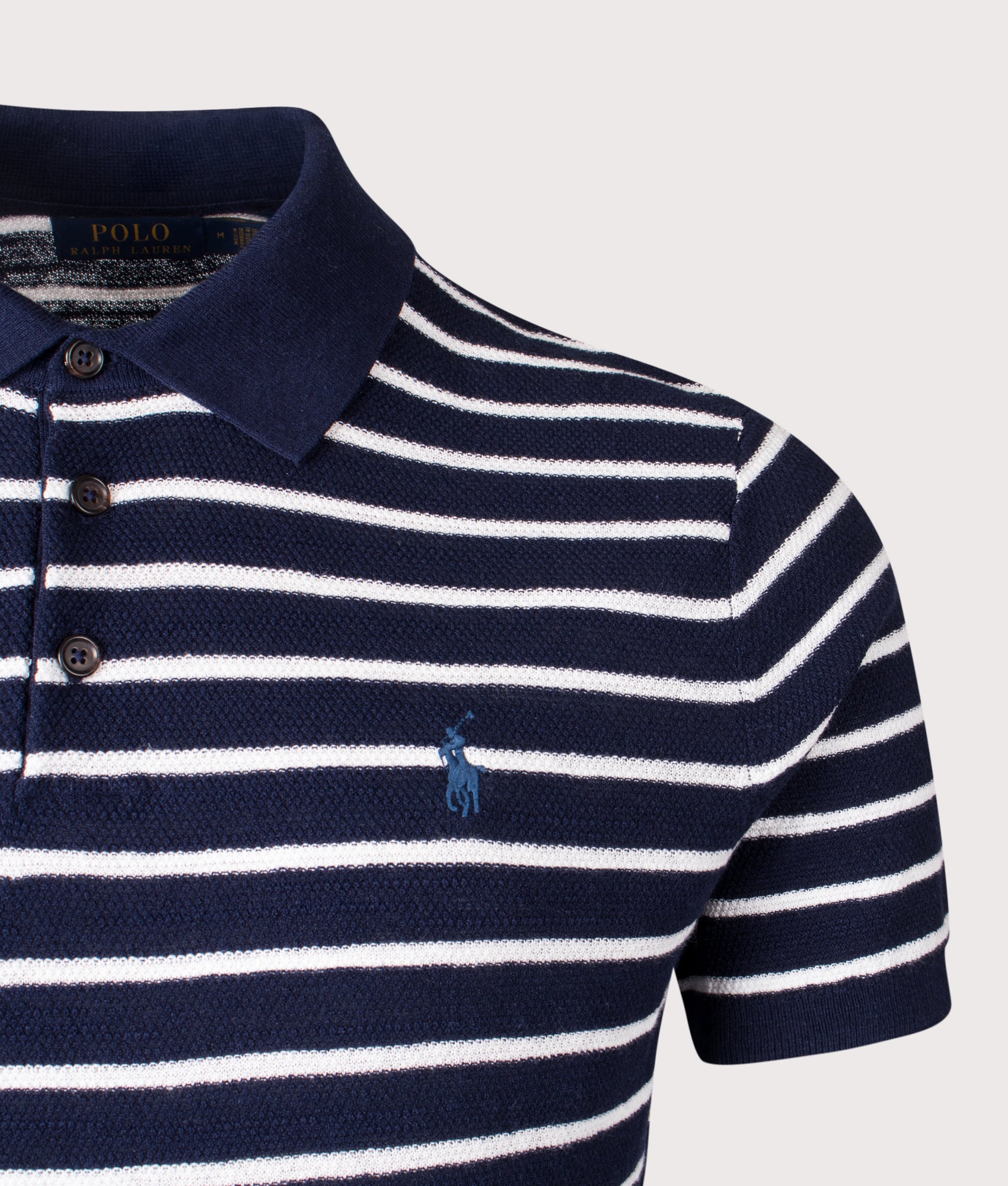 Striped Polo Collar Knit in Bright Navy Combo by Polo Ralph Lauren. Shot by EQVVS. Detail shot.