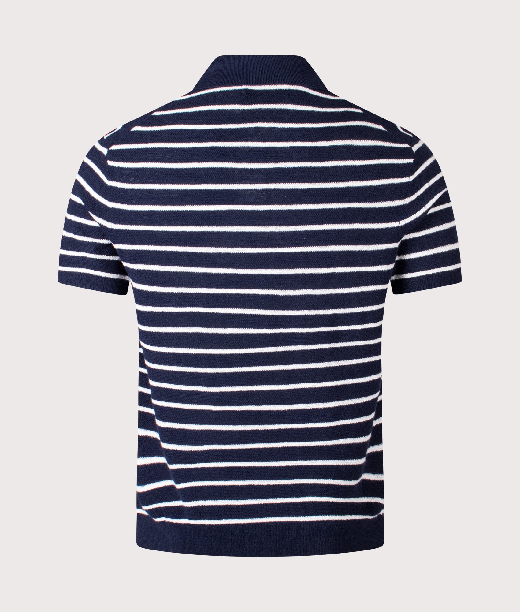 Striped Polo Collar Knit in Bright Navy Combo by Polo Ralph Lauren. Shot by EQVVS. Back shot.