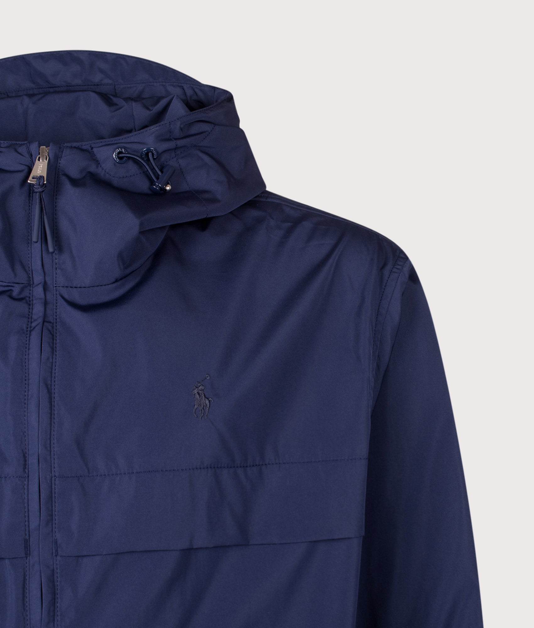 Polo Ralph Lauren Glenmoor Hooded Jacket in Newport Navy at EQVVS Menswear. Detail shot.