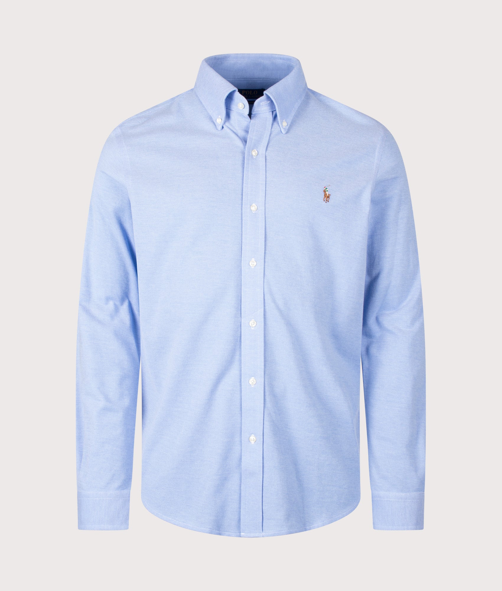 Polo Ralph Lauren Regular Fit Knit Oxford Mesh Shirt in Harbor Island Blue at EQVVS Menswear. Front shot.