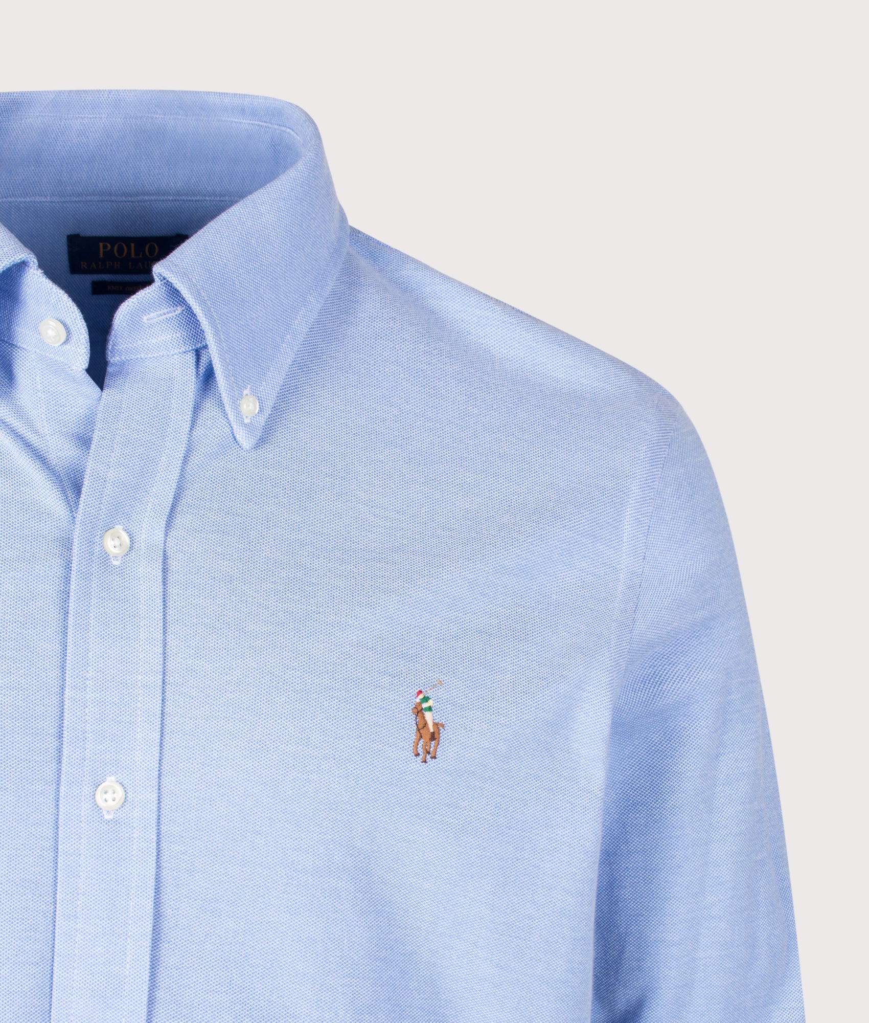 Polo Ralph Lauren Regular Fit Knit Oxford Mesh Shirt in Harbor Island Blue at EQVVS Menswear. Detail shot.