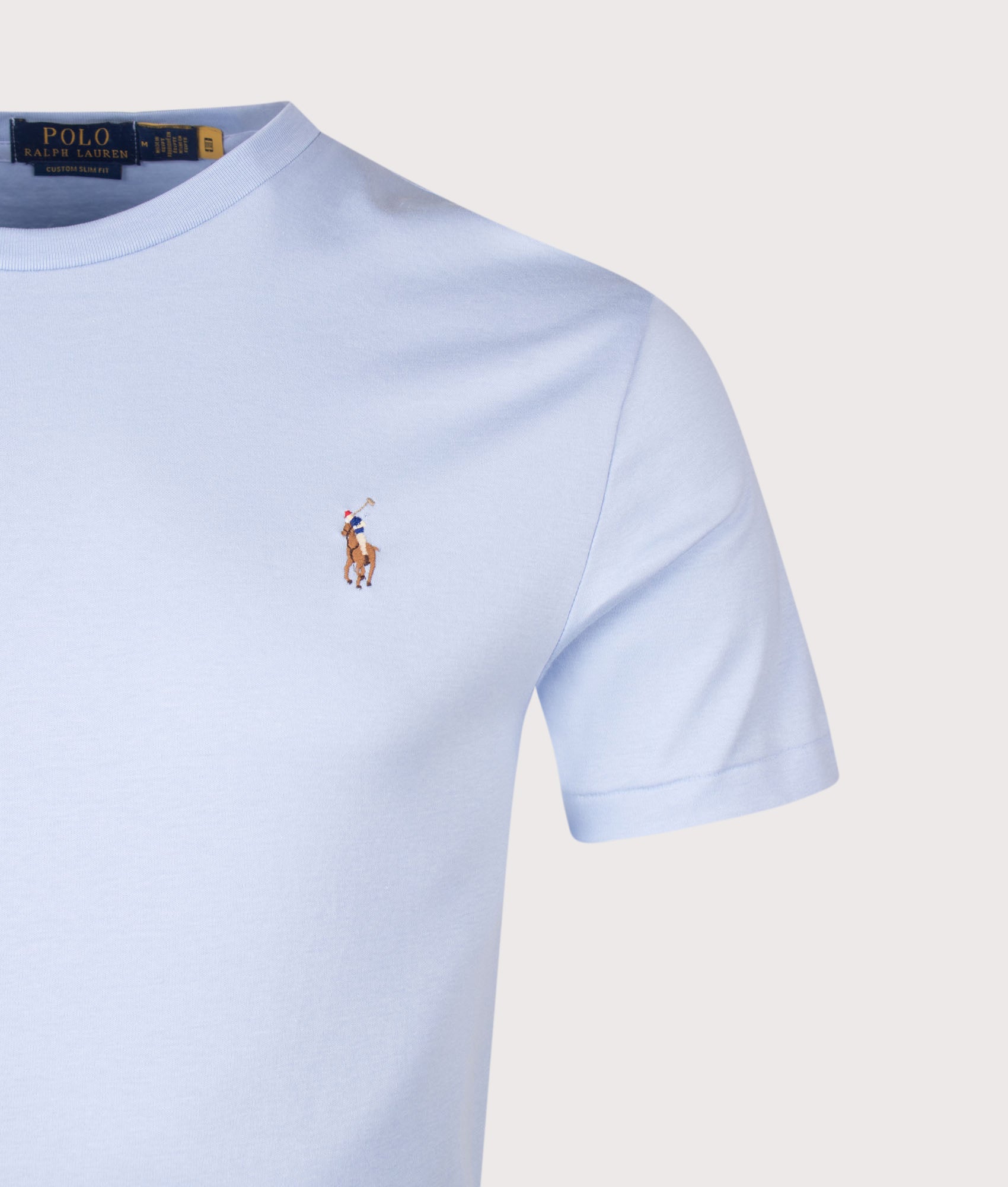 Polo Ralph Lauren Custom Slim Fit Pima T-Shirt in Pebble Blue at EQVVS Menswear. Detail shot.