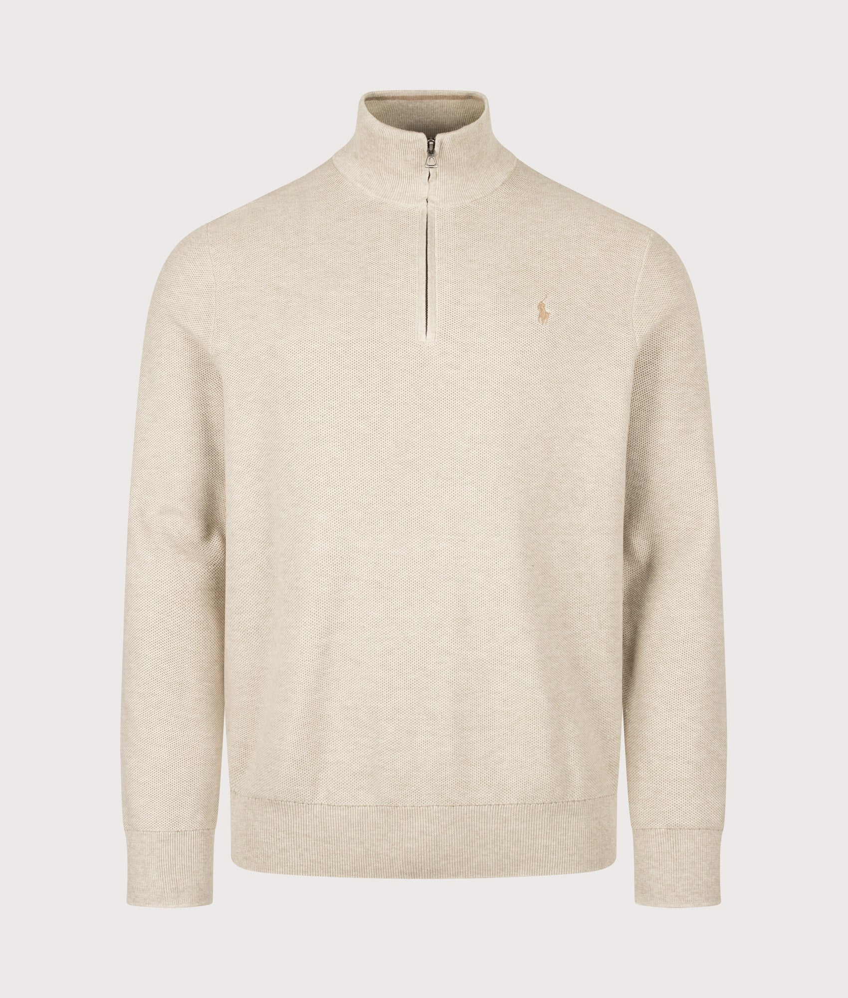 Polo Ralph Lauren Regular Fit Quarter Zip Cotton Mesh Knitted Jumper in Light Walnut Brown Heather at EQVVS Menswear. Front shot.