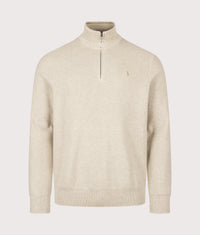 Regular Fit Quarter Zip Cotton Mesh Knitted Jumper: 003 Light Walnut Brown Heather 