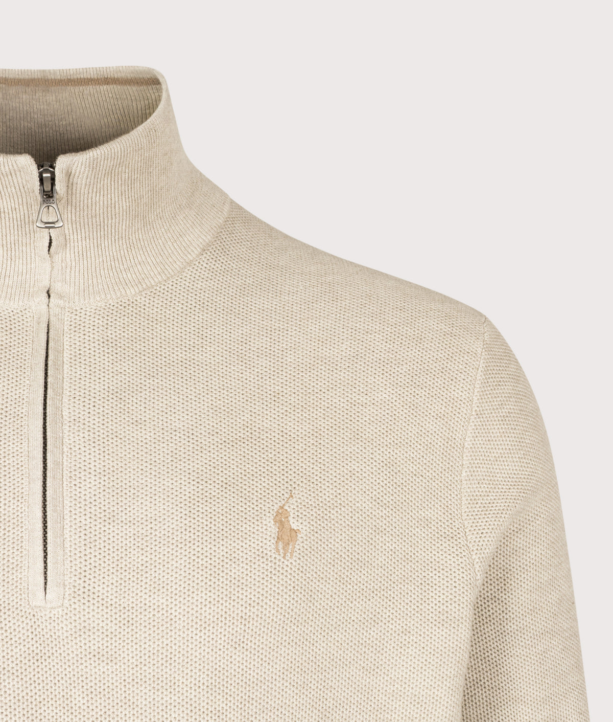 Polo Ralph Lauren Regular Fit Quarter Zip Cotton Mesh Knitted Jumper in Light Walnut Brown Heather at EQVVS Menswear. Detail shot.