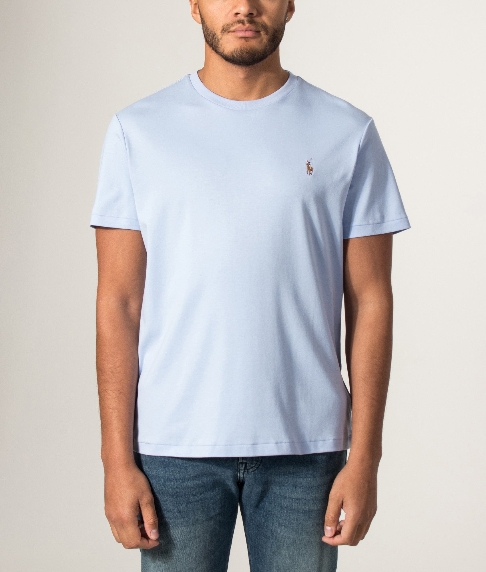 Polo Ralph Lauren Custom Slim Fit Pima T-Shirt in Pebble Blue at EQVVS Menswear. Model front shot.