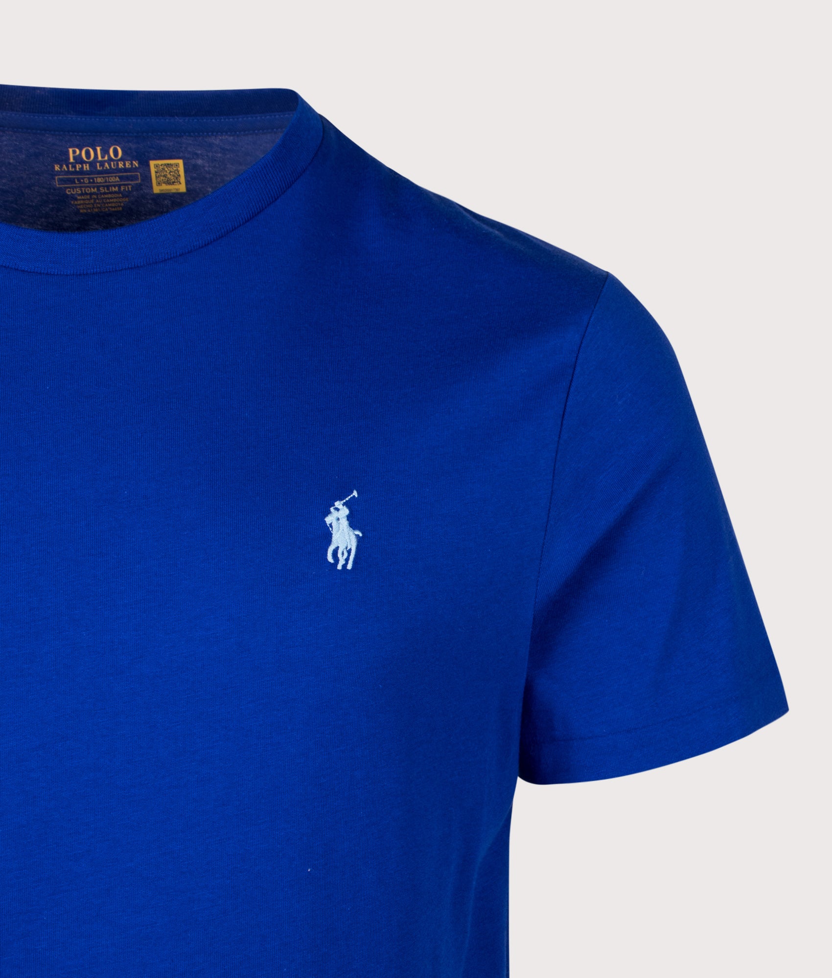 Polo Ralph Lauren Custom Slim Fit Jersey T-Shirt in Classic Azure at EQVVS Menswear. Detail shot.