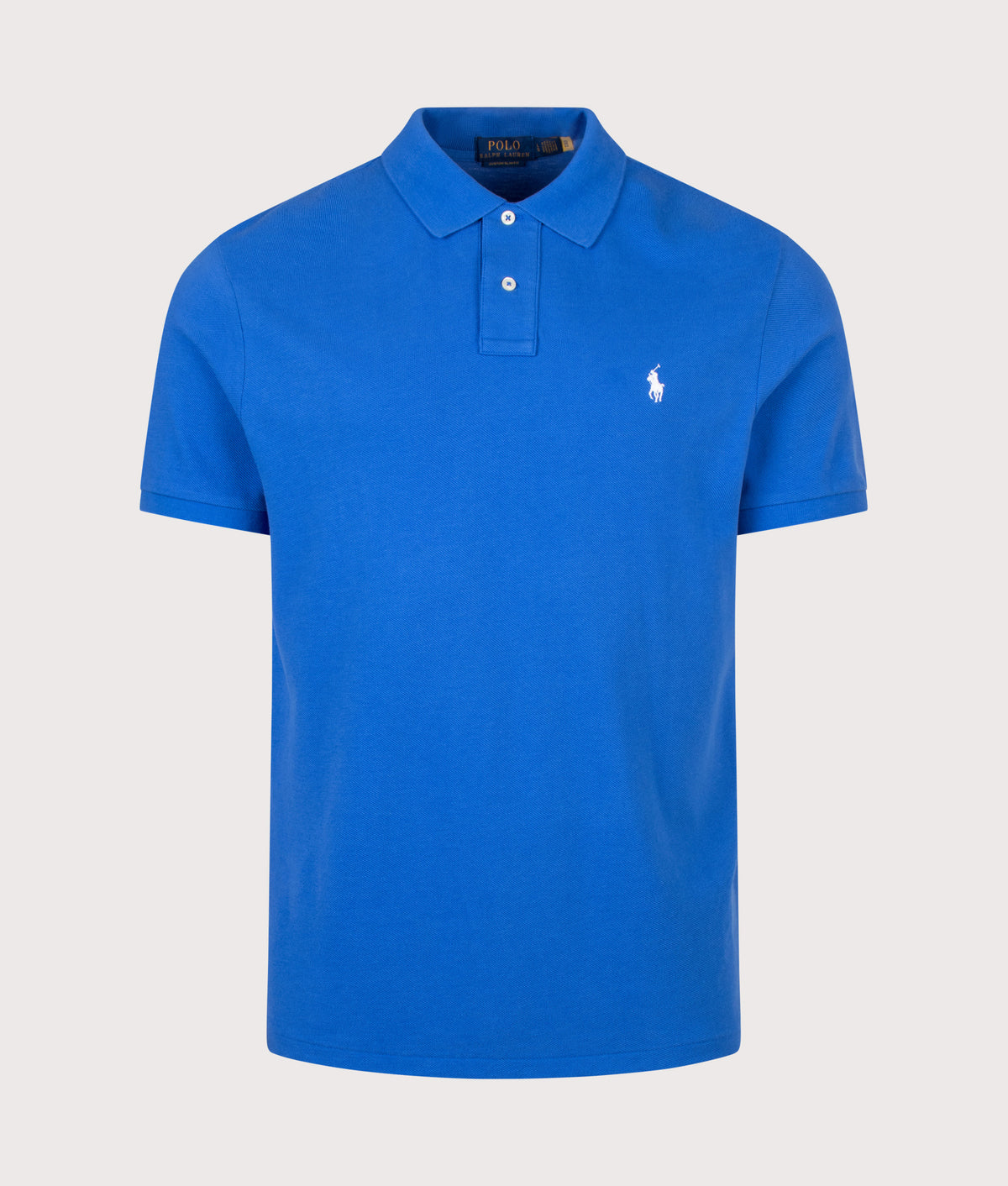 Polo Ralph Lauren Custom Slim Fit Mesh Polo Shirt in New Iris Blue at EQVVS Menswear. Front shot.
