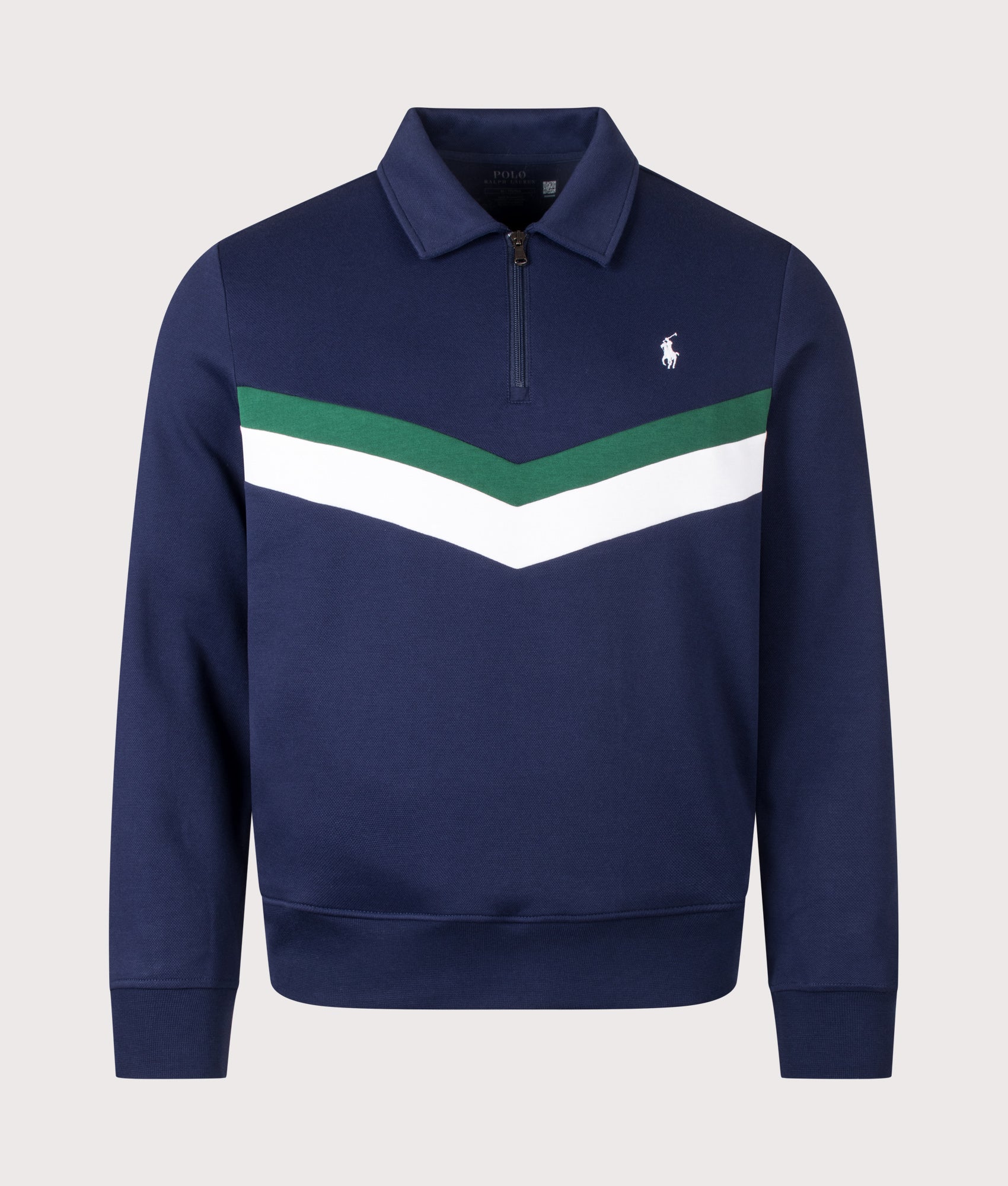 Polo Ralph Lauren Double Knit Quarter Zip Sweatshirt in Newport Navy at EQVVS Menswear. Front shot.