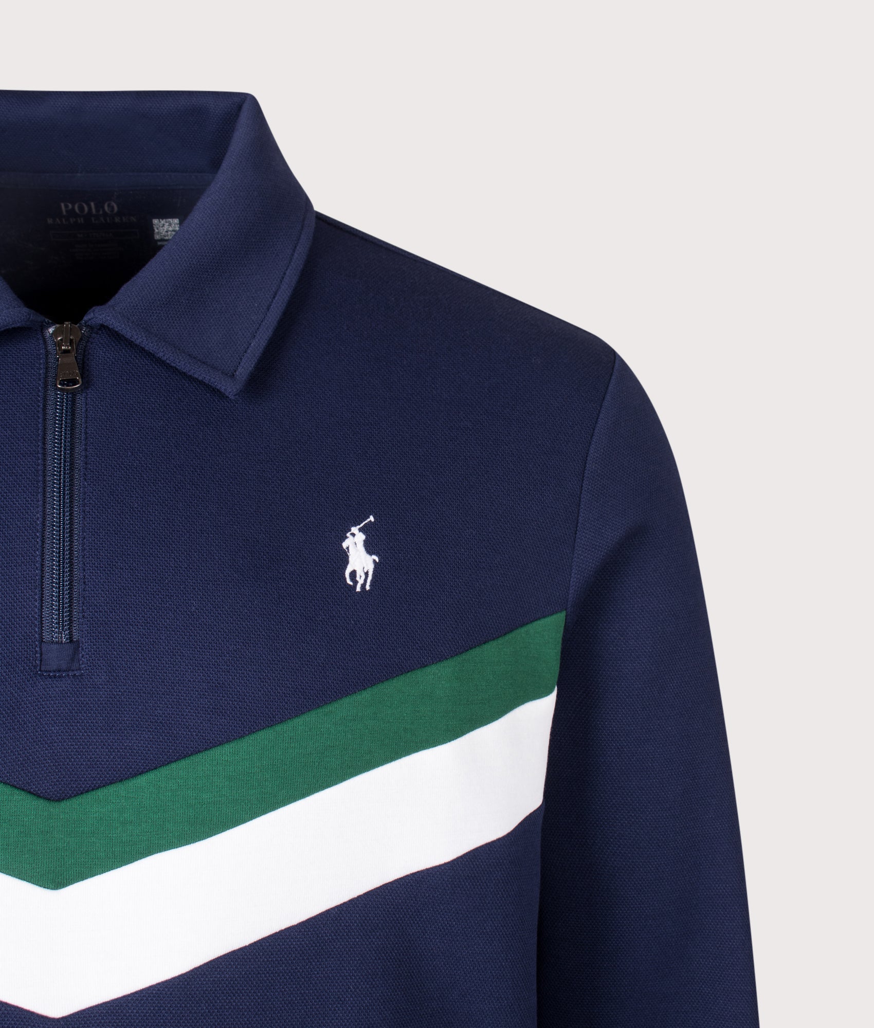 Polo Ralph Lauren Double Knit Quarter Zip Sweatshirt in Newport Navy at EQVVS Menswear. Detail shot.