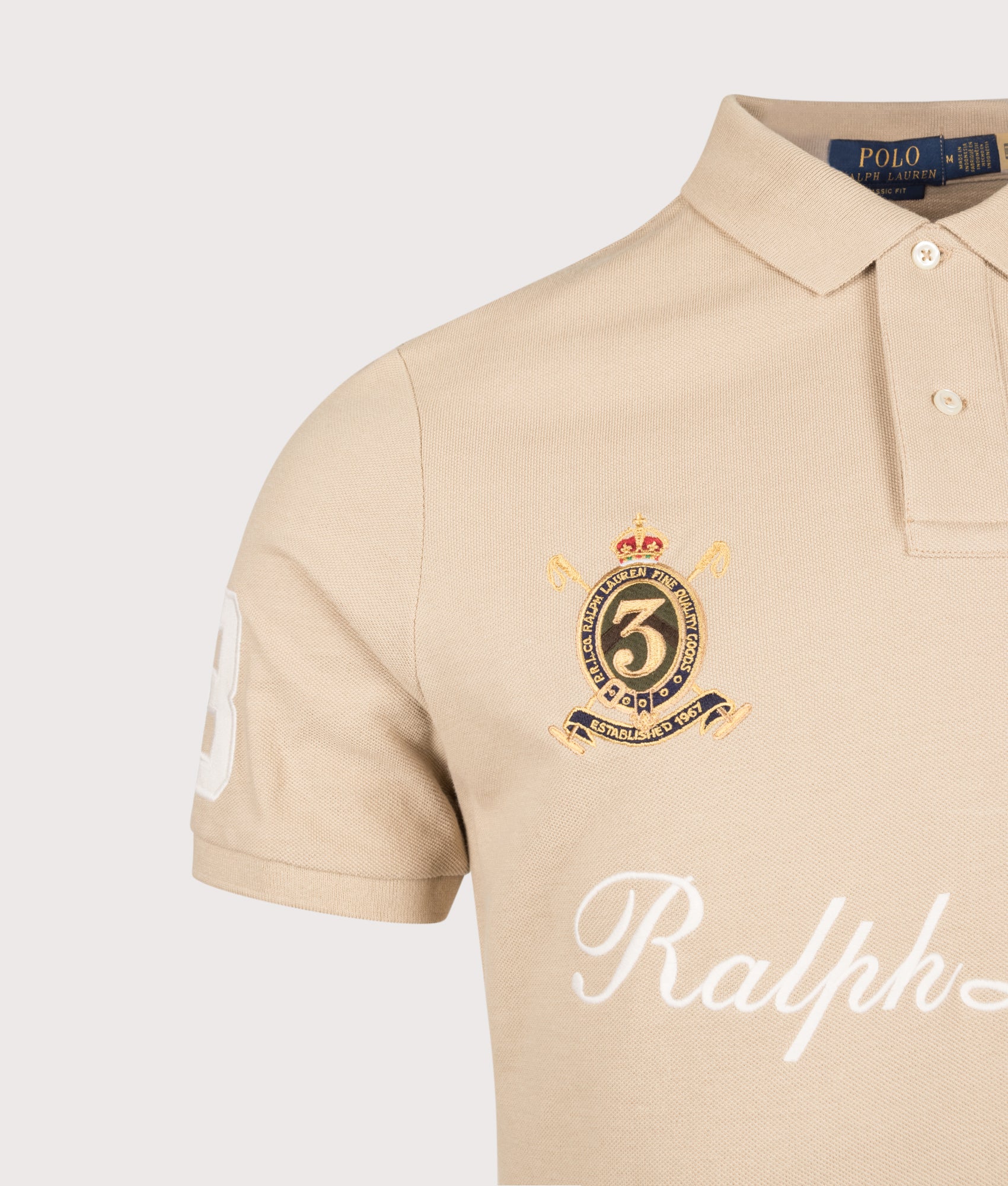 Polo Ralph Lauren Classic Fit Big Pony Mesh Polo Shirt in Vintage Khaki at EQVVS Menswear. First detail shot.