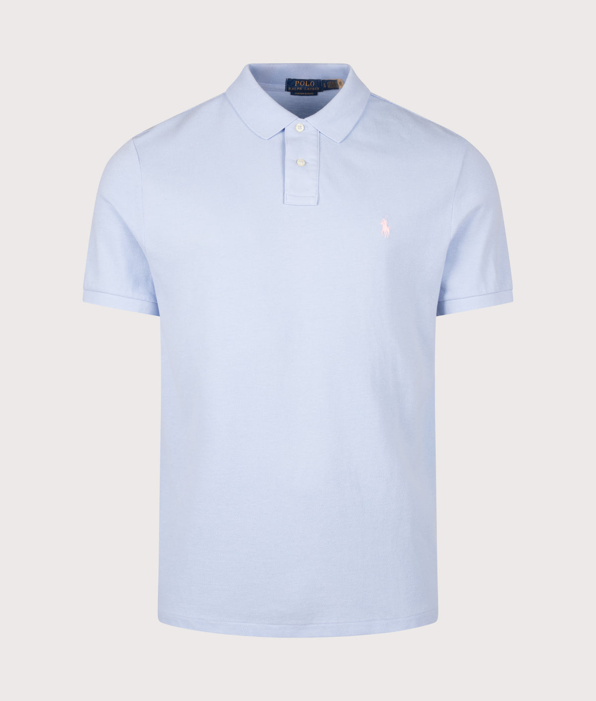 Polo Ralph Lauren Custom Slim Fit Mesh Polo Shirt in Pebble Blue at EQVVS Menswear. Front shot.