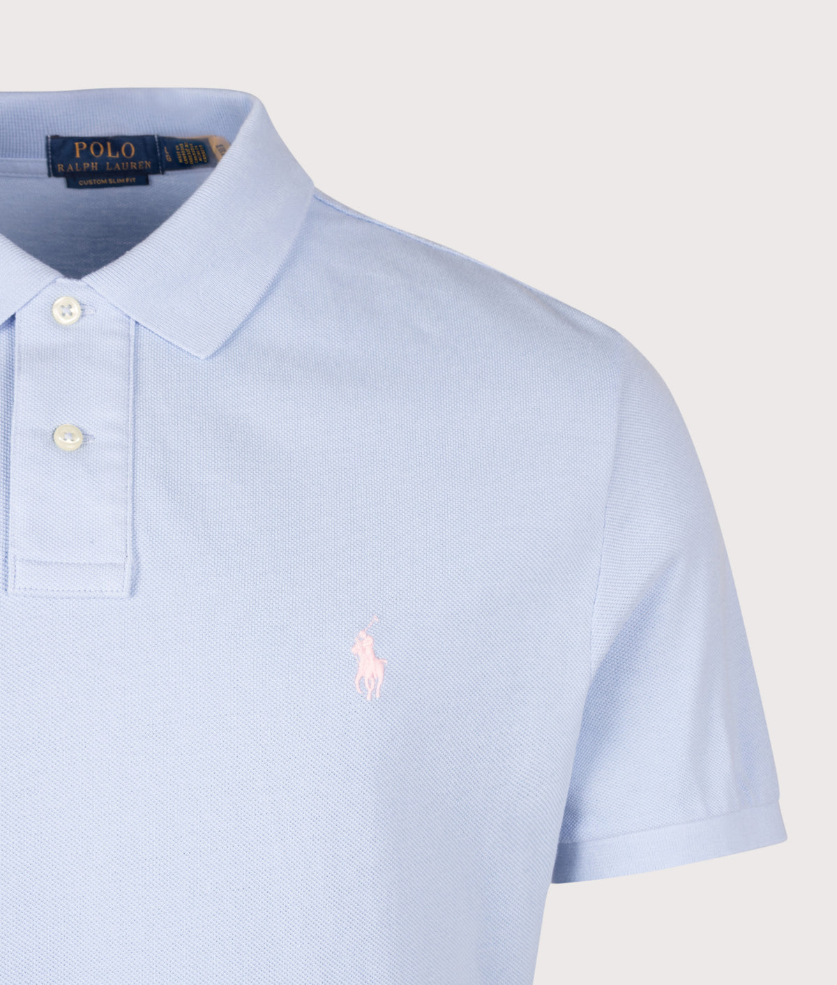 Polo Ralph Lauren Custom Slim Fit Mesh Polo Shirt in Pebble Blue at EQVVS Menswear. Detail shot.