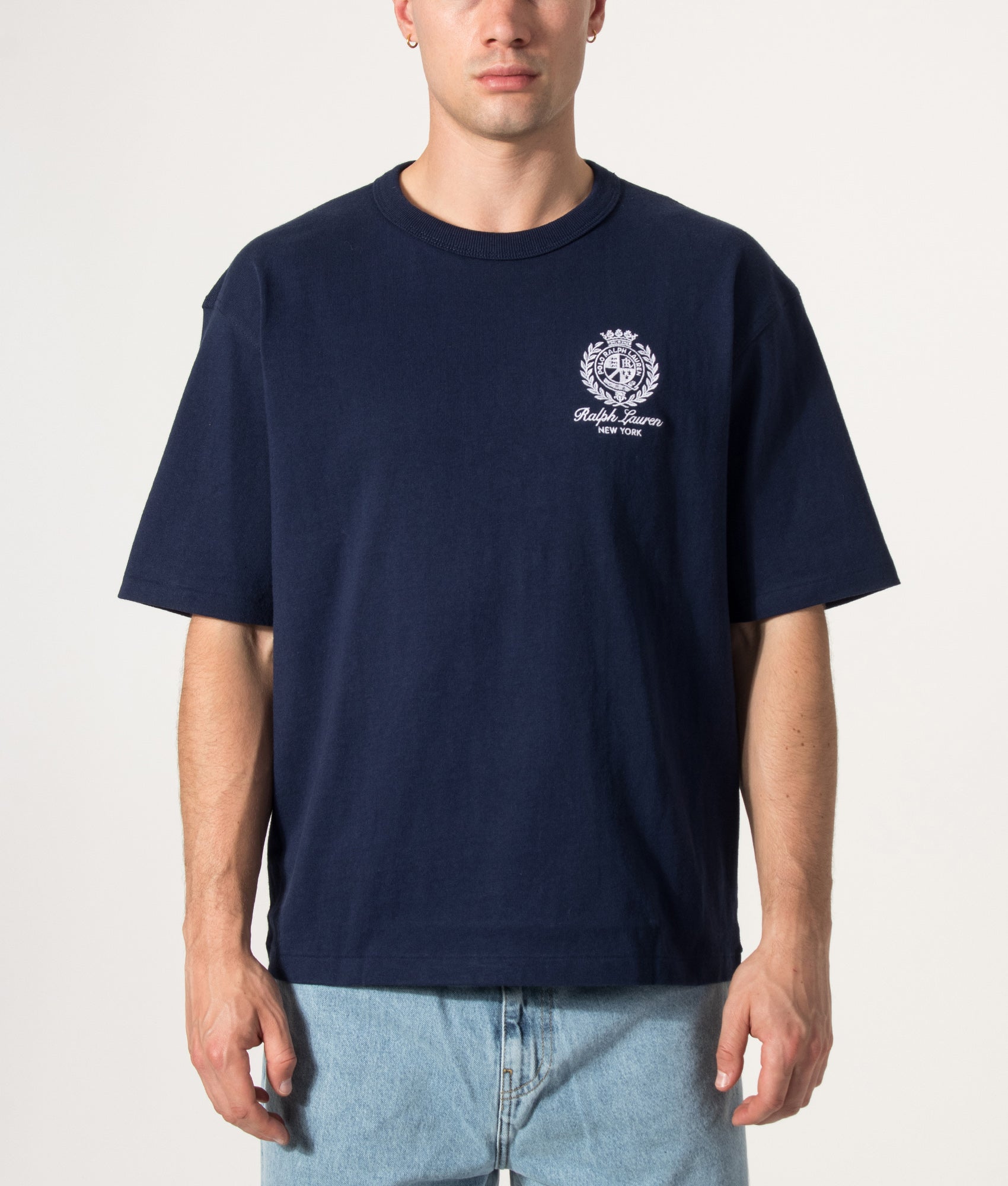 Polo Ralph Lauren Relaxed Fit 10/1 Jersey T-Shirt in Newport Navy at EQVVS Menswear. Model front shot.