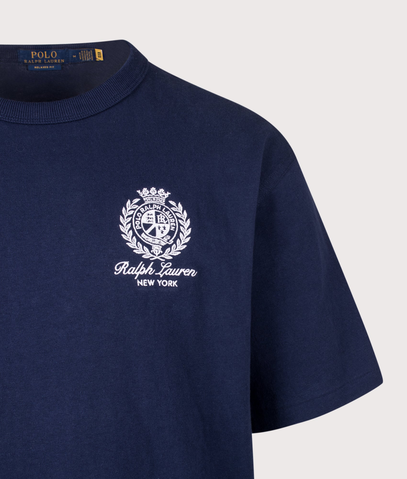 Polo Ralph Lauren Relaxed Fit 10/1 Jersey T-Shirt in Newport Navy at EQVVS Menswear. Detail shot.