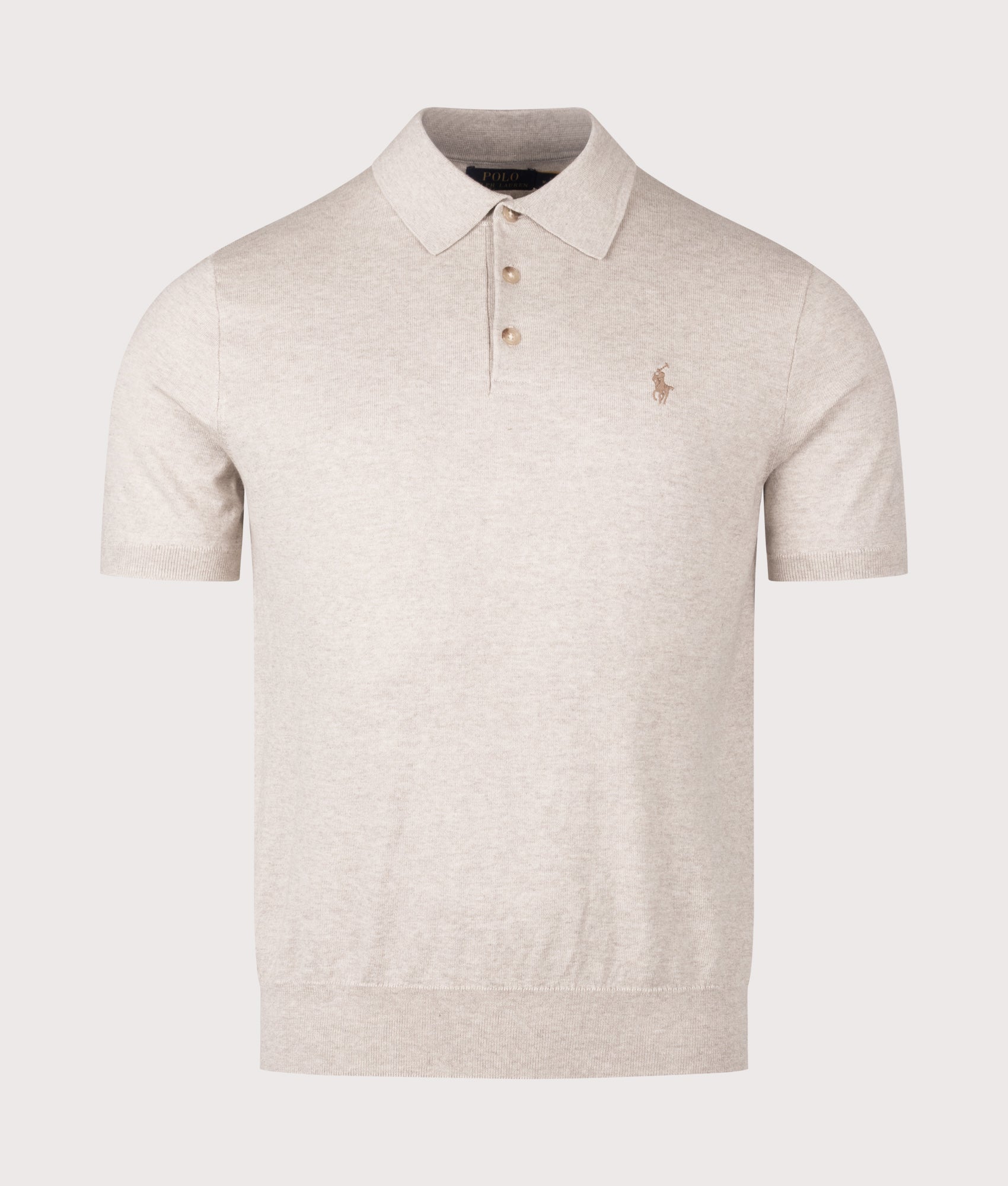 Polo Ralph Lauren Cotton Knitted Polo Shirt in Light Walnut Brown Heather at EQVVS Menswear. Front shot.