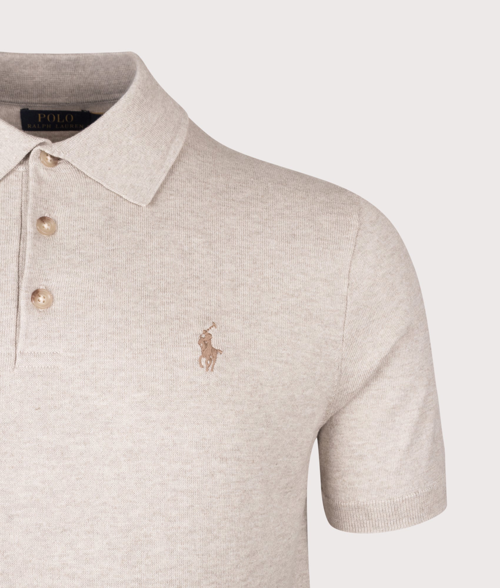 Polo Ralph Lauren Cotton Knitted Polo Shirt in Light Walnut Brown Heather at EQVVS Menswear. Detail shot.