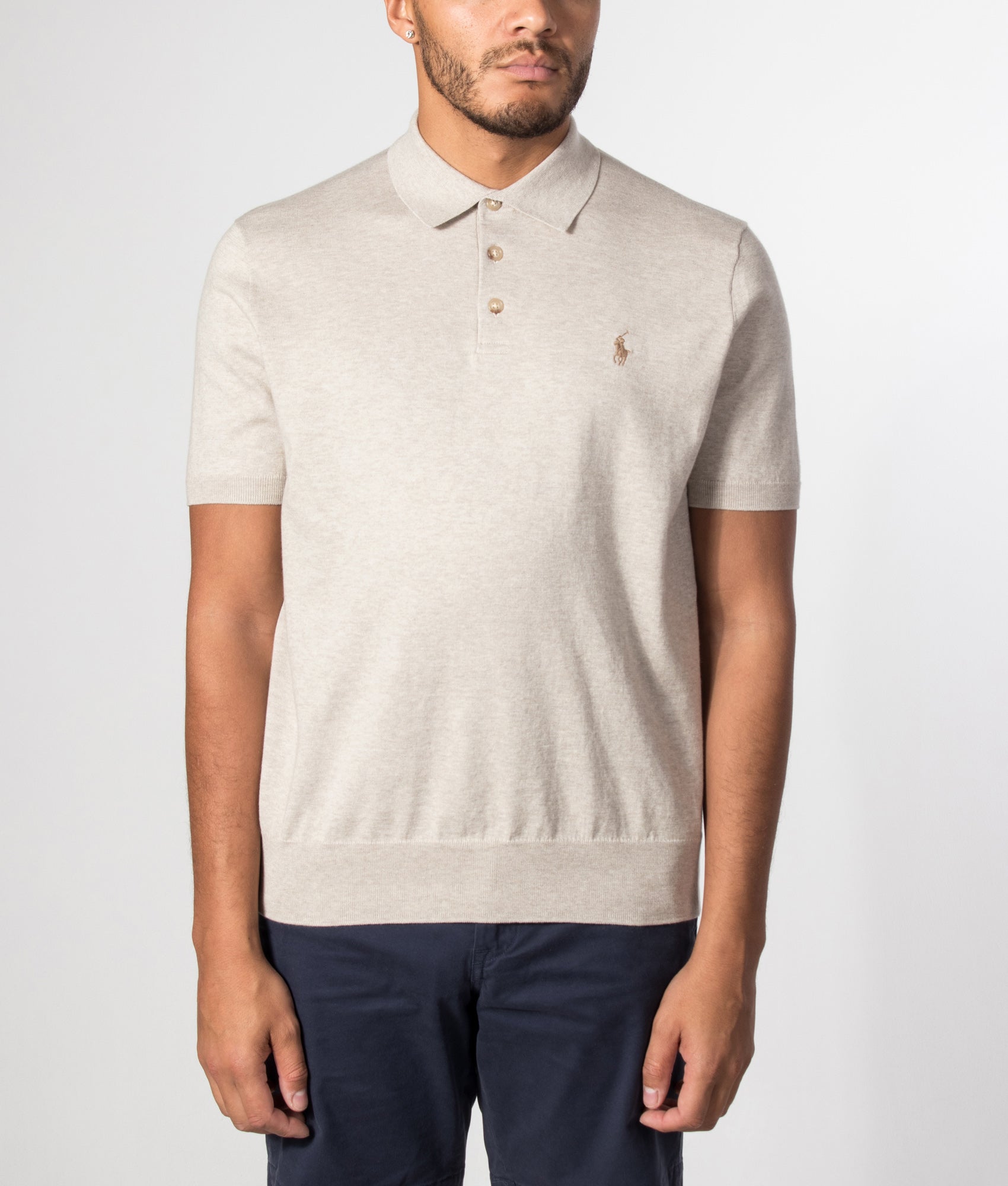 Polo Ralph Lauren Cotton Knitted Polo Shirt in Light Walnut Brown Heather at EQVVS Menswear. Model front shot.