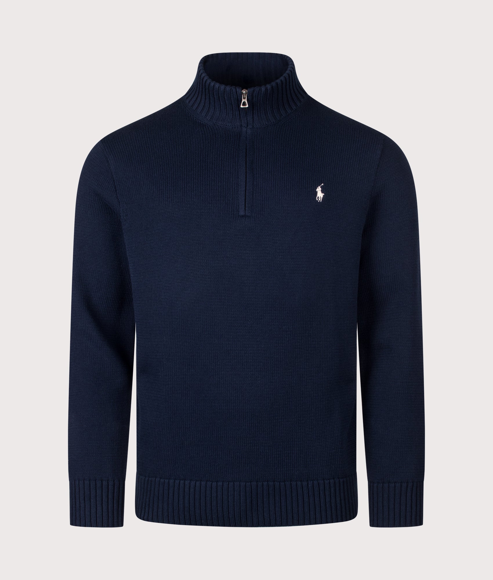 Polo Ralph Lauren Mesh-Knit Cotton Quarter Zip Jumper in Hunter Navy at EQVVS Menswear. Front shot.