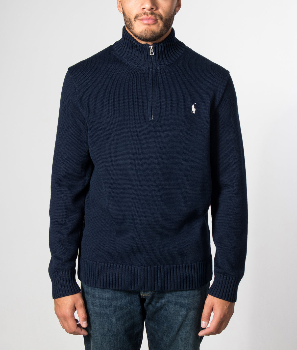 Polo Ralph Lauren Mesh-Knit Cotton Quarter Zip Jumper in Hunter Navy at EQVVS Menswear. Model front shot.