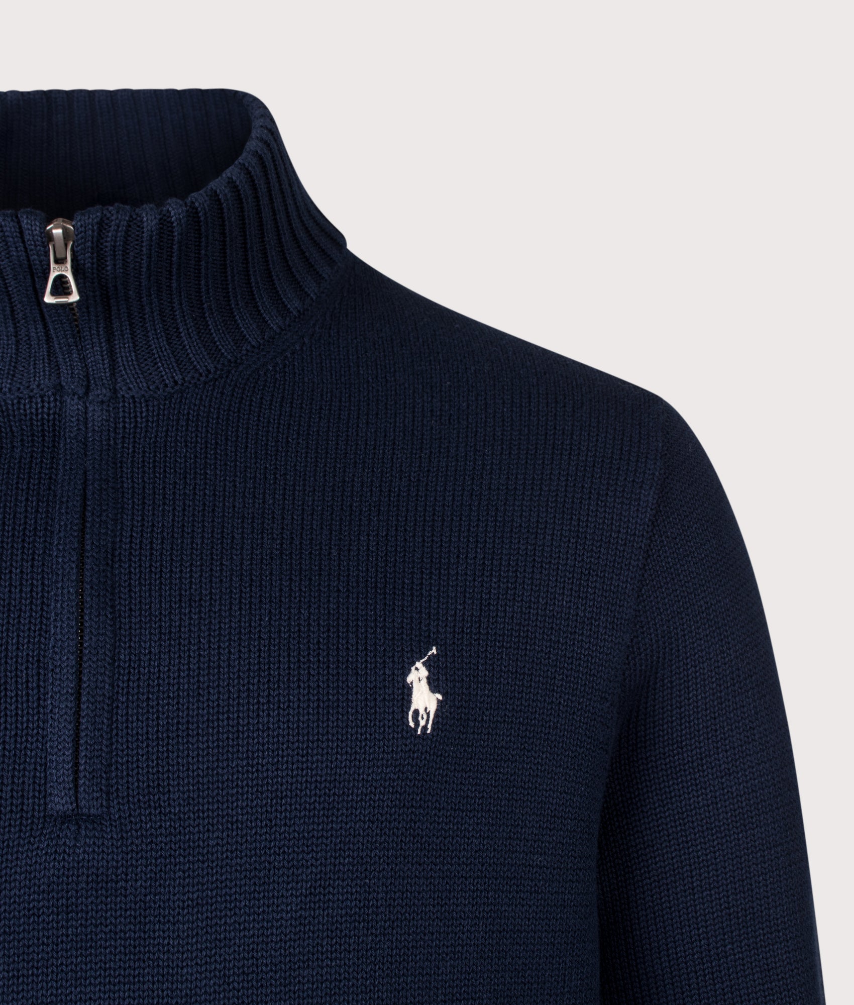 Polo Ralph Lauren Mesh-Knit Cotton Quarter Zip Jumper in Hunter Navy at EQVVS Menswear. Detail shot.