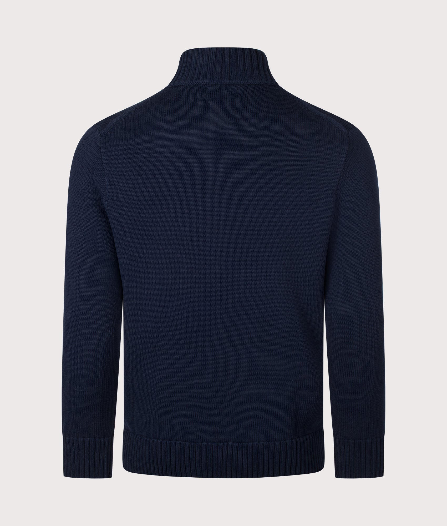 Polo Ralph Lauren Mesh-Knit Cotton Quarter Zip Jumper in Hunter Navy at EQVVS Menswear. Back shot.