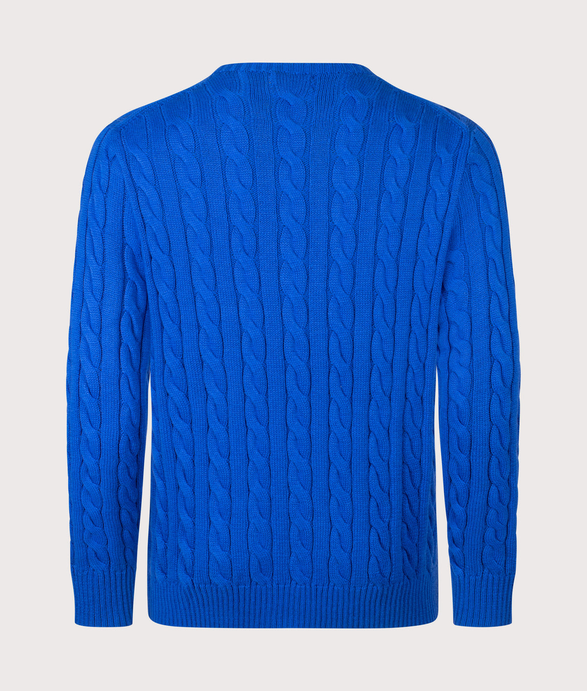 Polo Ralph Lauren Regular Fit Cable Knit Cotton Jumper in New Iris Blue at EQVVS Menswear. Back shot.