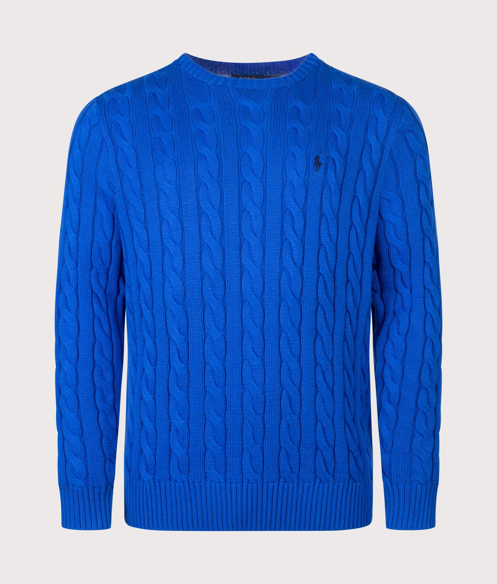 Polo Ralph Lauren Regular Fit Cable Knit Cotton Jumper in New Iris Blue at EQVVS Menswear. Front shot.