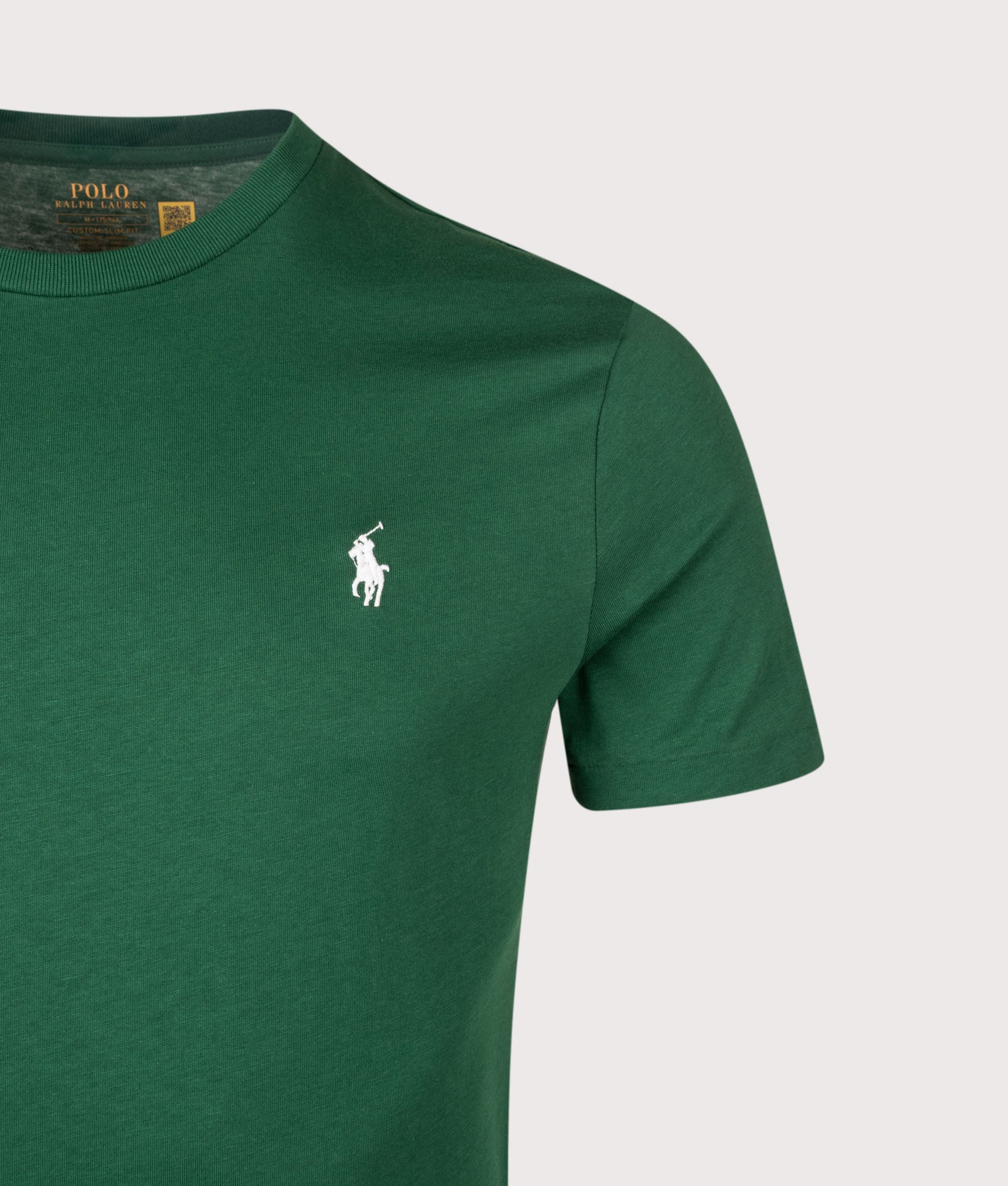 Polo Ralph Lauren Custom Slim Fit Jersey T-Shirt in New Forest at EQVVS Menswear. Detail shot.