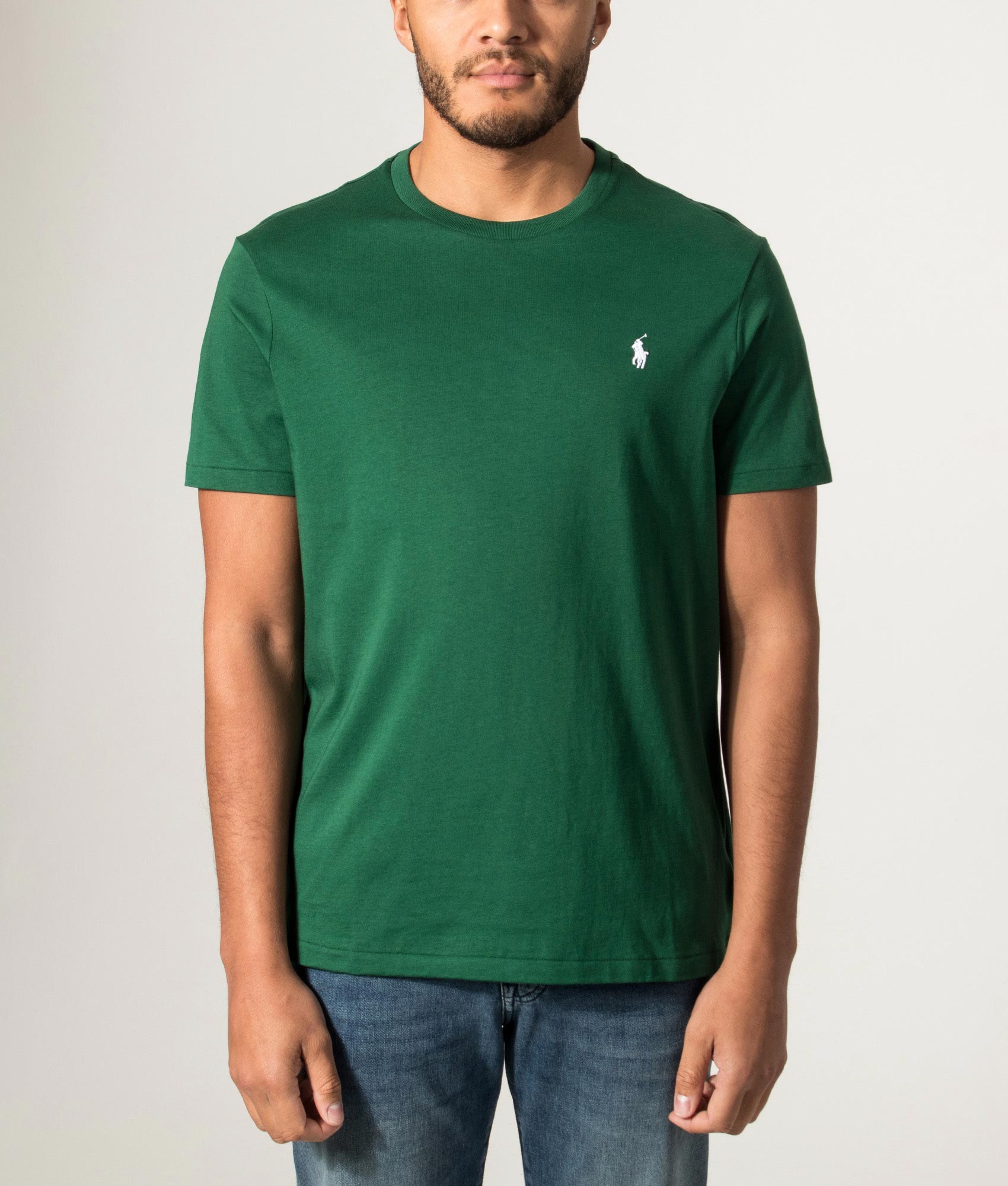 Polo Ralph Lauren Custom Slim Fit Jersey T-Shirt in New Forest at EQVVS Menswear. Model Front shot.