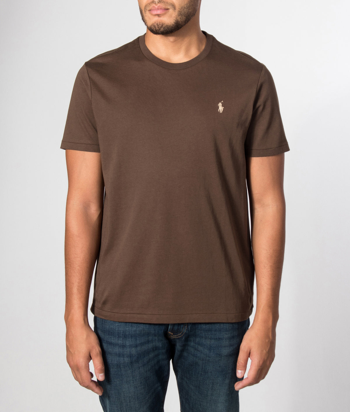 Polo Ralph Lauren Custom Slim Fit Jersey T-Shirt in Nutmeg Brown at EQVVS Menswear. Model front shot.
