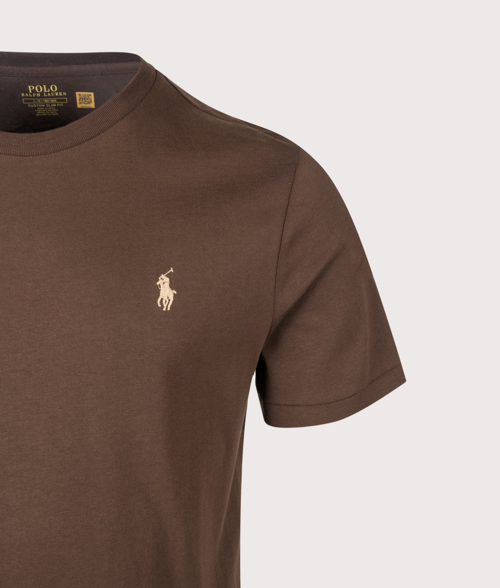 Polo Ralph Lauren Custom Slim Fit Jersey T-Shirt in Nutmeg Brown at EQVVS Menswear. Detail shot.