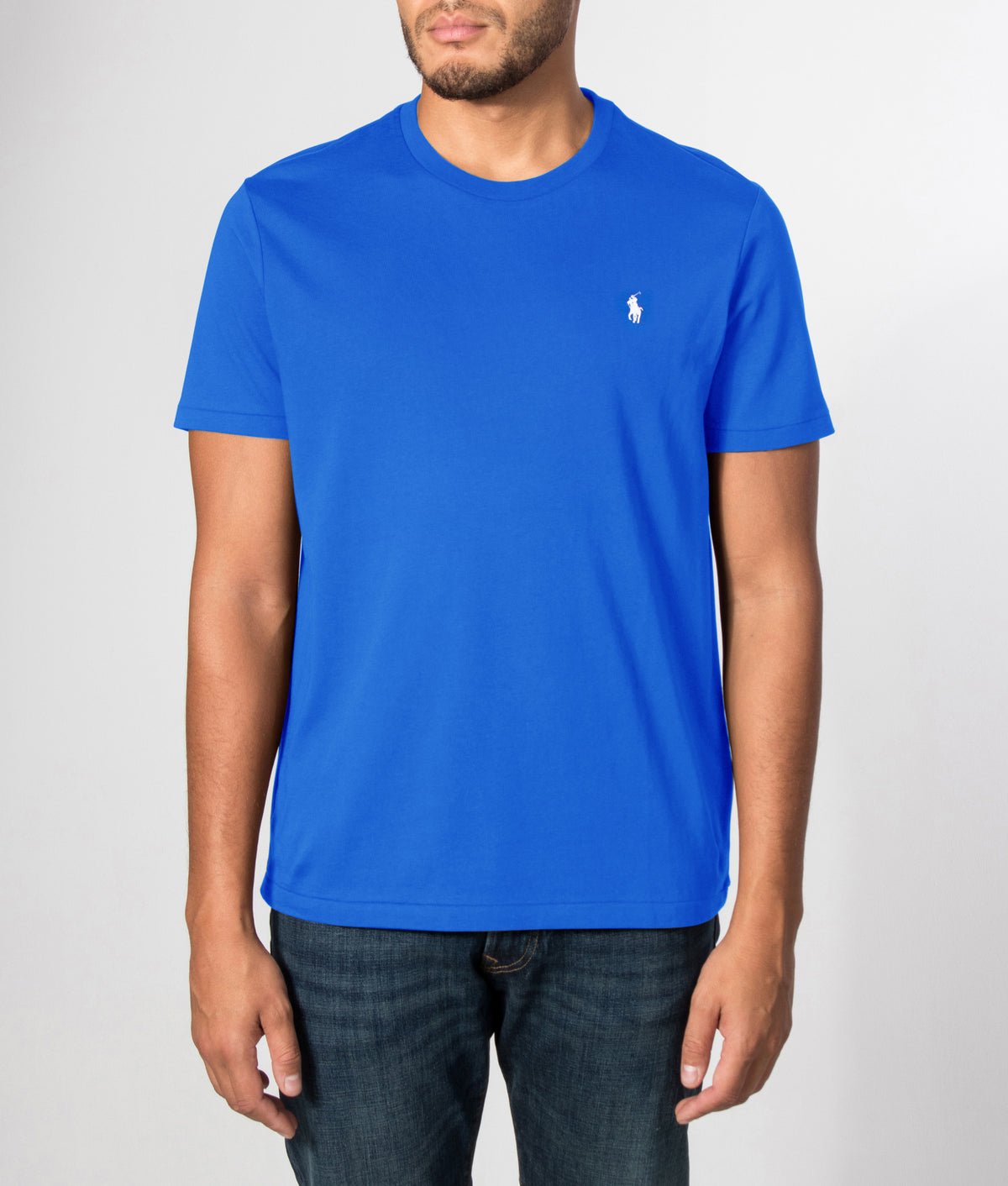 Polo Ralph Lauren Custom Slim Fit Jersey T-Shirt in New Iris Blue at EQVVS Menswear. Front model shot.