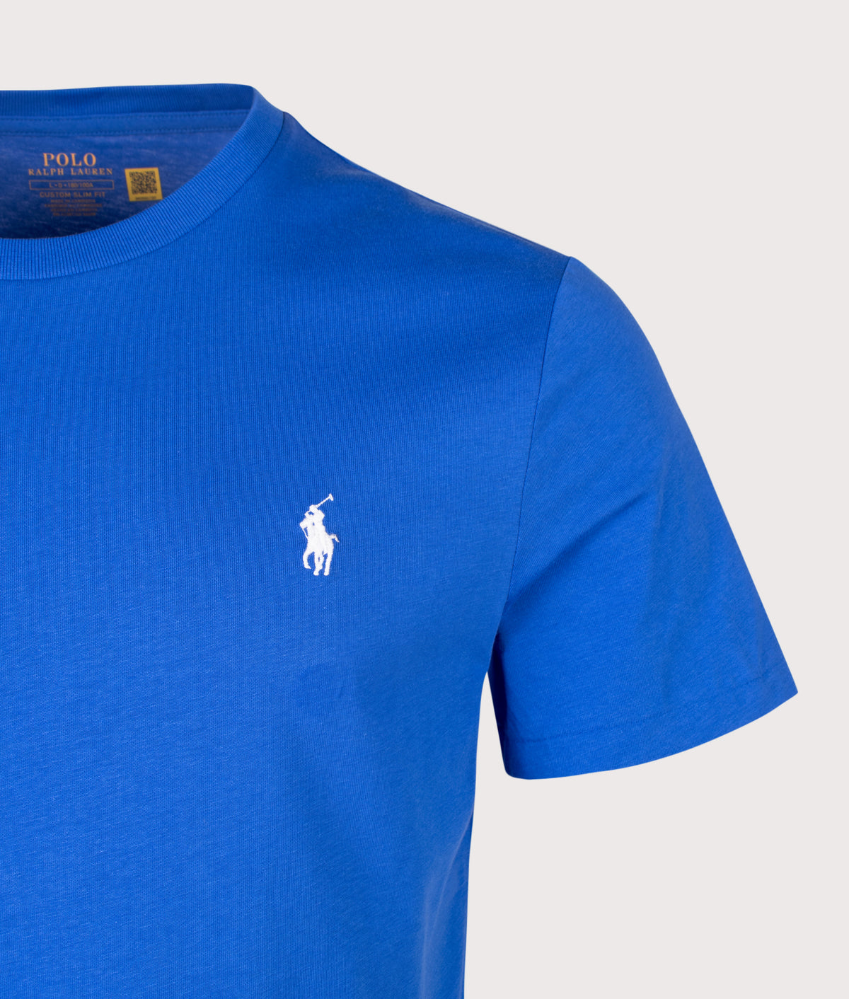 Polo Ralph Lauren Custom Slim Fit Jersey T-Shirt in New Iris Blue at EQVVS Menswear. Detail shot.