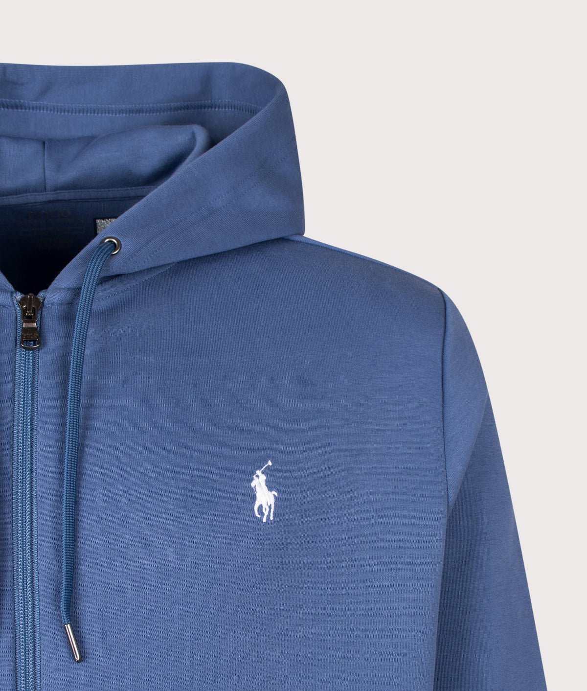 Polo Ralph Lauren Zip Through Double Knit Hoodie in Earth Blue at EQVVS Menswear. Detail shot.
