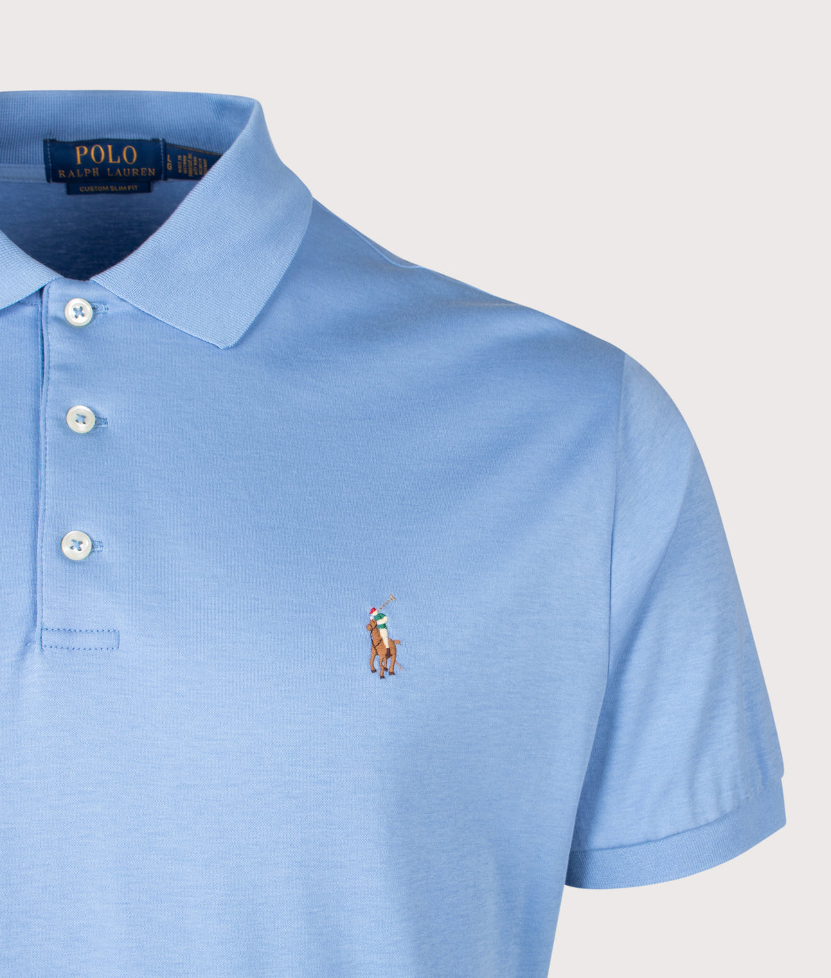 Polo Ralph Lauren Custom Slim Fit Soft Cotton Polo Shirt in Sky Blue at EQVVS Menswear. Detail shot.