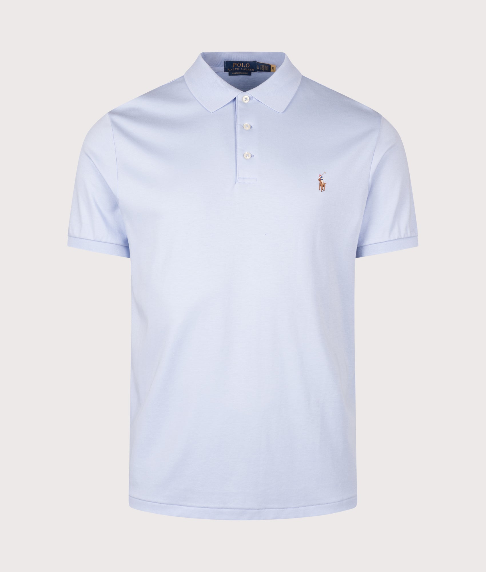 Polo Ralph Lauren Custom Slim Fit Soft Cotton Polo Shirt in Pebble Blue at EQVVS Menswear. Front shot.