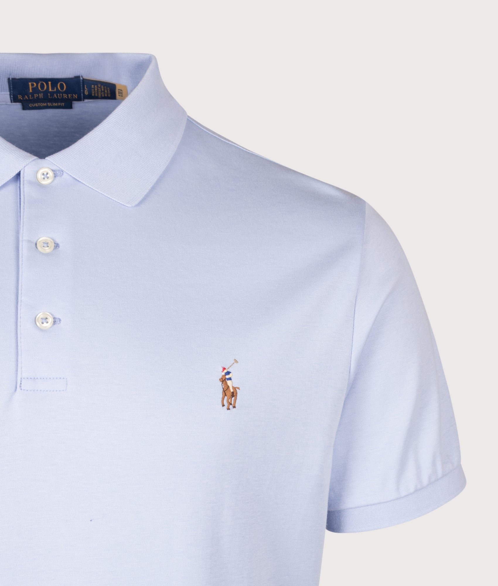 Polo Ralph Lauren Custom Slim Fit Soft Cotton Polo Shirt in Pebble Blue at EQVVS Menswear. Detail shot.