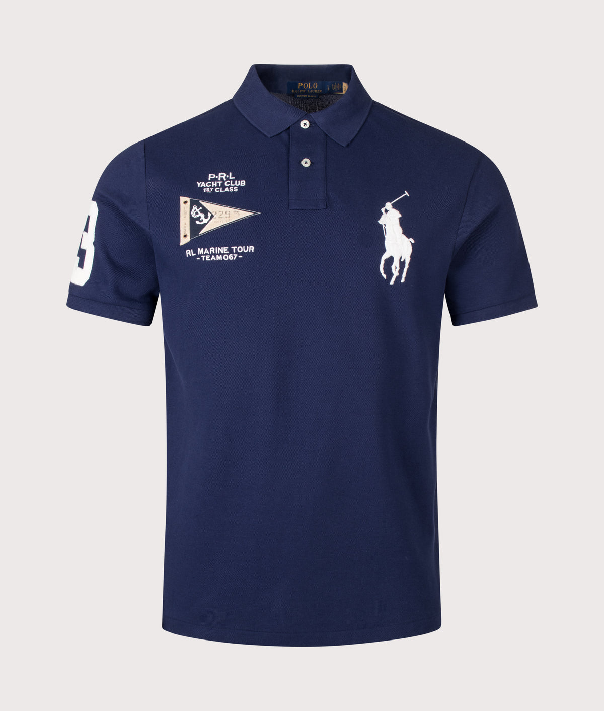 Polo Ralph Lauren Custom Slim Fit Big Pony Polo Shirt in Newport Navy at EQVVS Menswear. Front shot.
