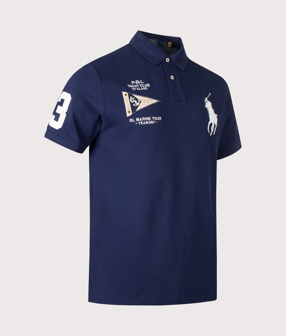 Polo Ralph Lauren Custom Slim Fit Big Pony Polo Shirt in Newport Navy at EQVVS Menswear. Angled front shot.