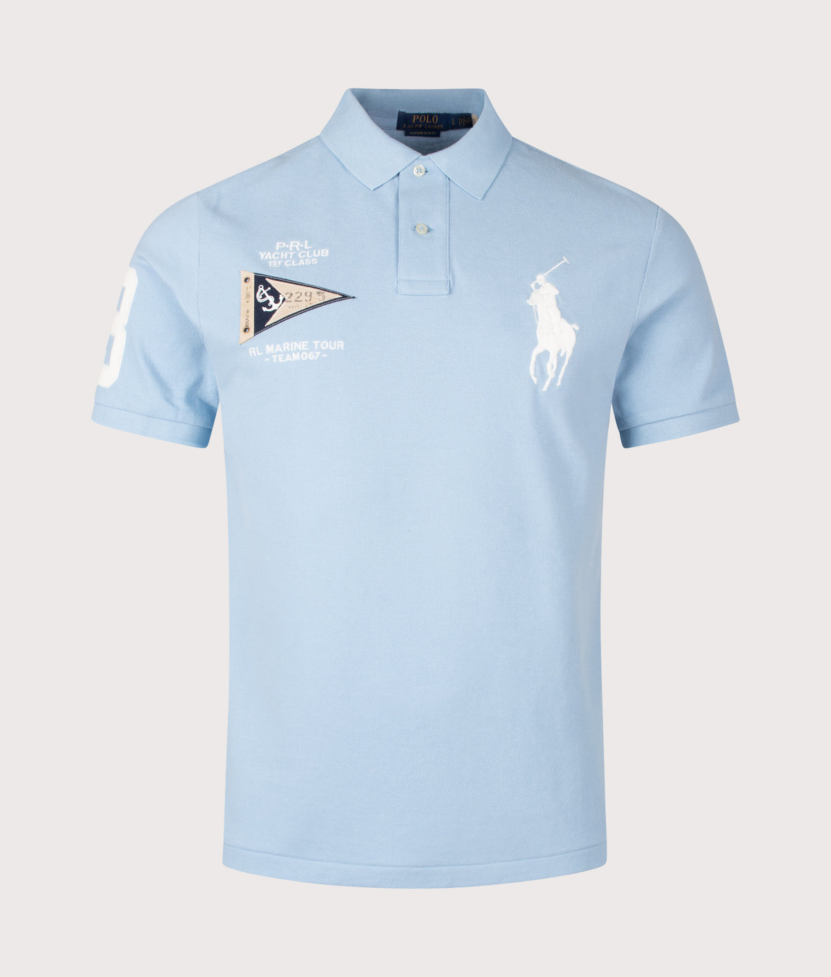 Polo Ralph Lauren Custom Slim Fit Big Pony Polo Shirt in Powder Blue at EQVVS Menswear. Front shot.