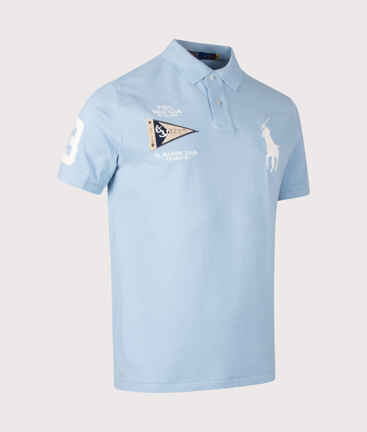 Polo Ralph Lauren Custom Slim Fit Big Pony Polo Shirt in Powder Blue at EQVVS Menswear. Angled front shot.