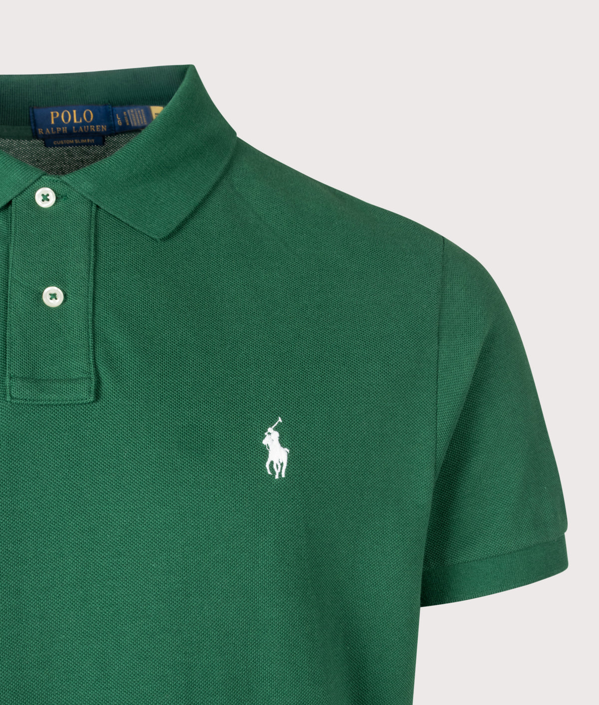 Polo Ralph Lauren Custom Slim Fit Mesh Polo Shirt in New Forest at EQVVS Menswear. Detail shot.